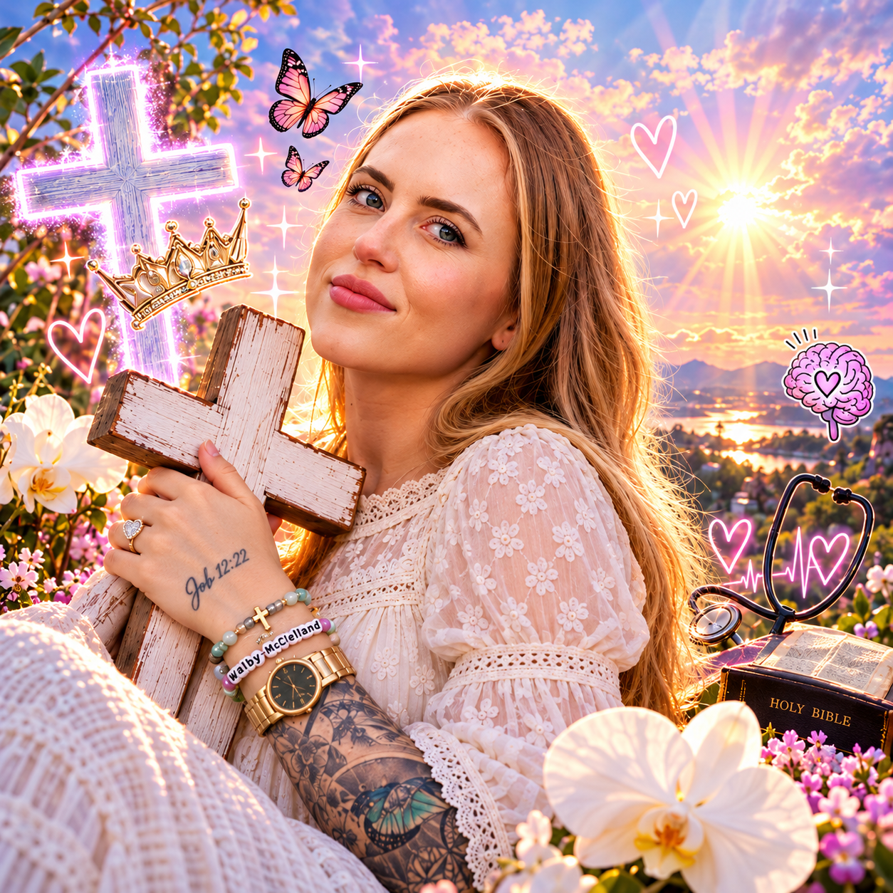 A woman with long blonde hair holding a wooden cross, surrounded by floating pink hearts, butterflies, a crown, a brain with a heart, a stethoscope, and a Holy Bible, with a sunset sky in the background.