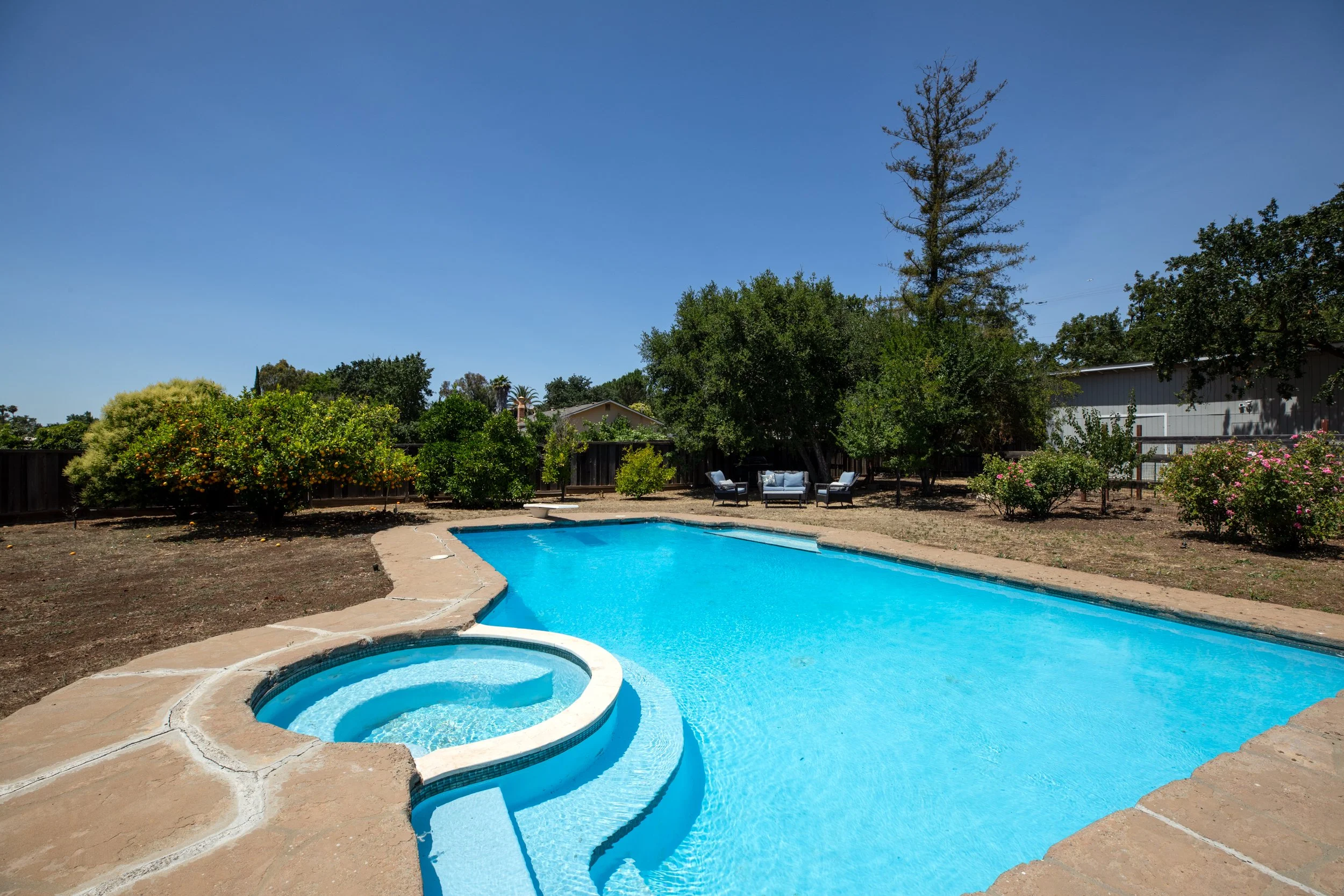Backyard with an in-ground swimming pool, surrounded by trees, bushes, and outdoor seating on a sunny day.