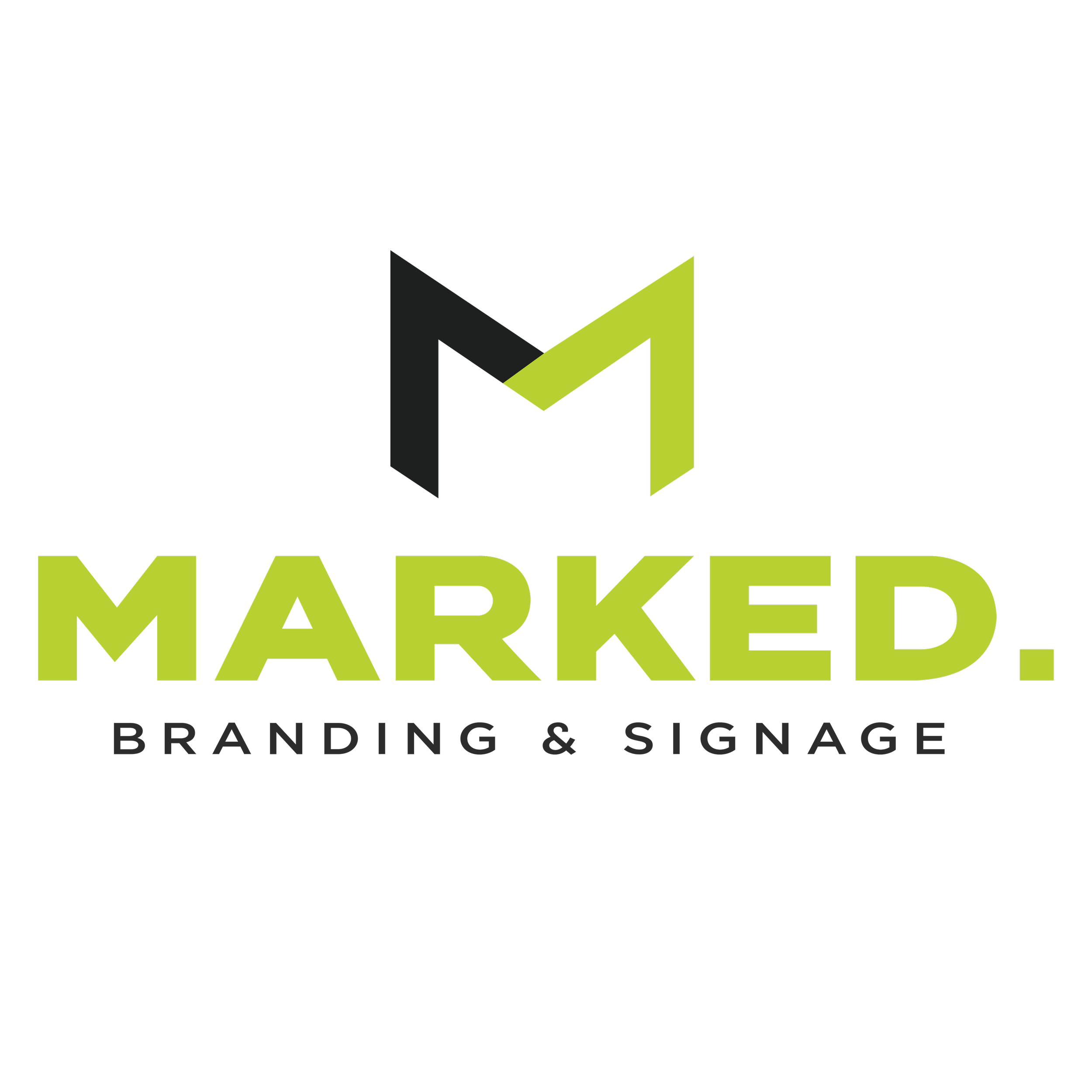 Logo of a company called MARKED, featuring a stylized 'M' in black and yellow-green, with the text 'BRANDING & SIGNAGE' beneath it.