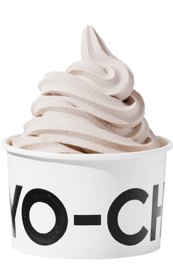 Cream-colored soft serve ice cream swirl in a white cup with black text.
