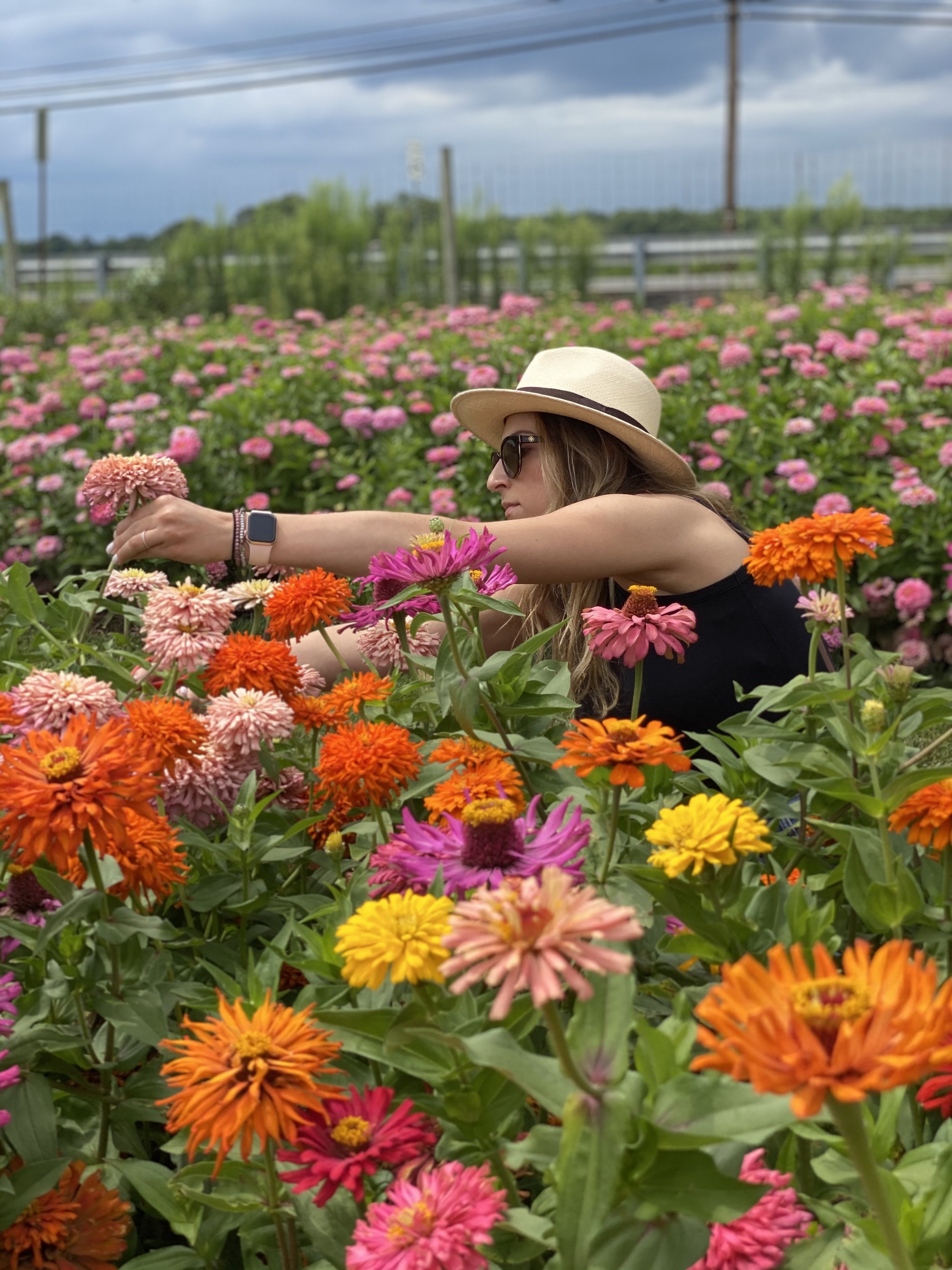A woman wearing sunglasses and a wide-brimmed hat is reaching out to touch or hold a pink flower amid a colorful field of orange, pink, yellow, and purple flowers, with a cloudy sky and some greenery in the background.