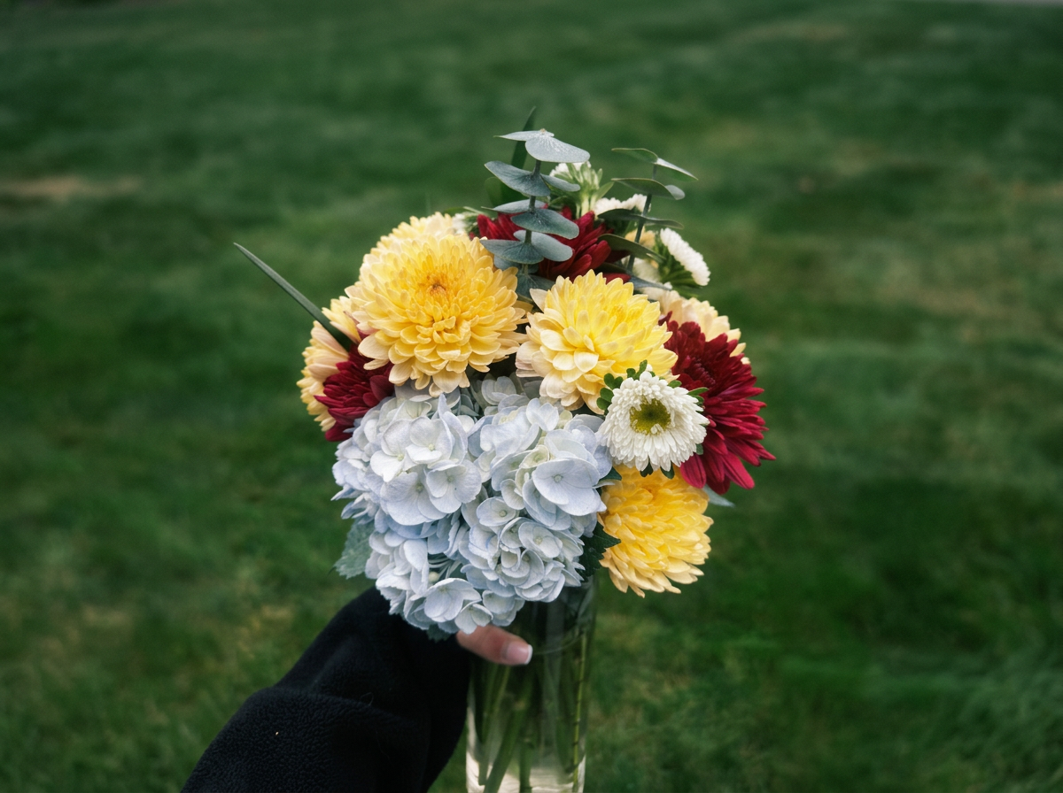 A person holding a bouquet of yellow, red, white, and pale blue flowers against a grassy background.