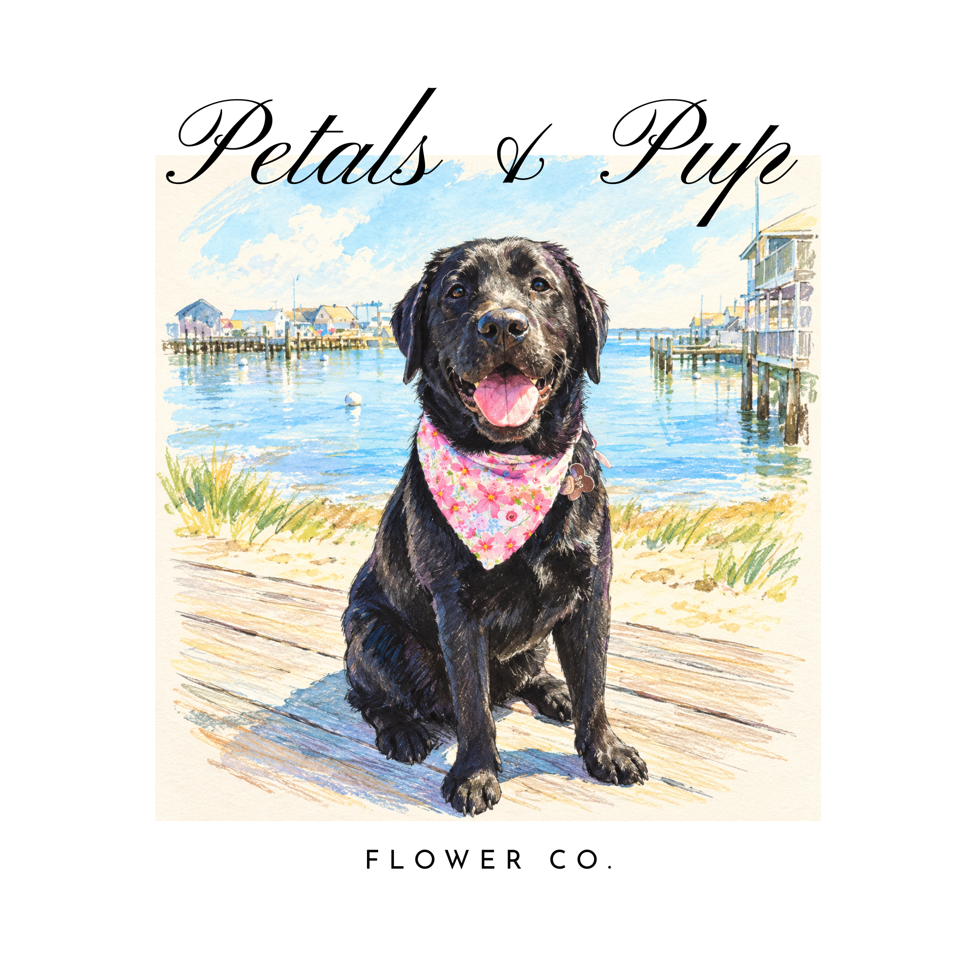 Watercolor illustration of a black Labrador Retriever wearing a pink floral bandana, sitting by a waterfront with colorful houses on stilts and boats in the water, under a blue sky with clouds.