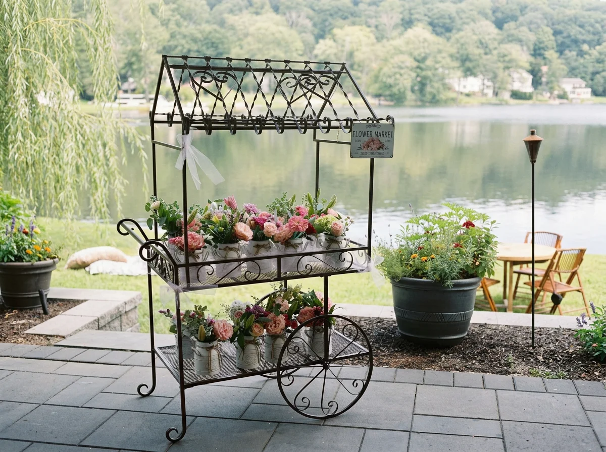 A decorative iron cart with three shelves filled with pink and white flowers, set on a patio near a lake with trees and houses in the background. A sign on the cart reads "FLOWER MARKET."
