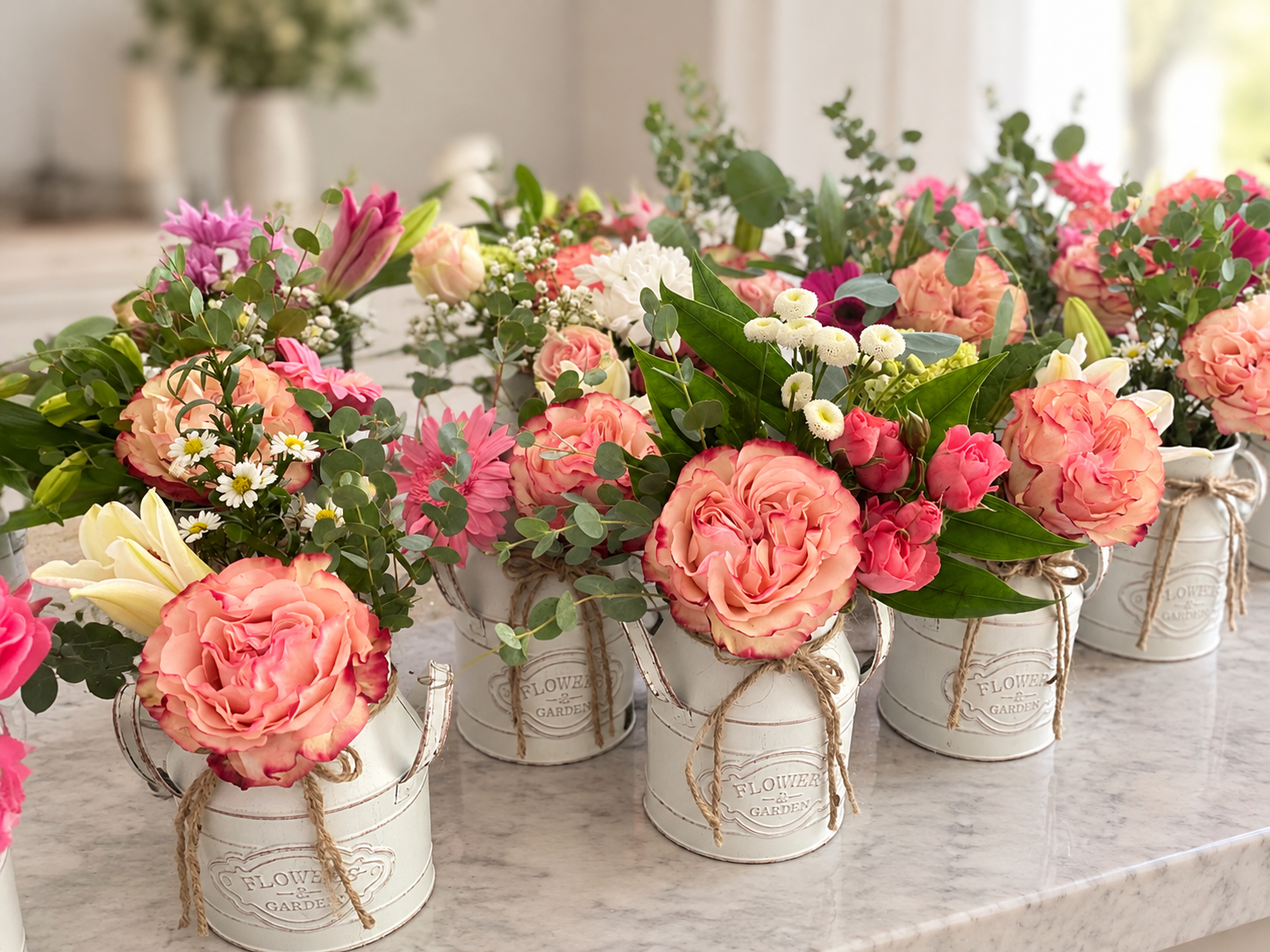 Multiple small white buckets filled with pink, peach, and white flowers, including roses, daisies, and lilies, arranged on a light-colored marble table.