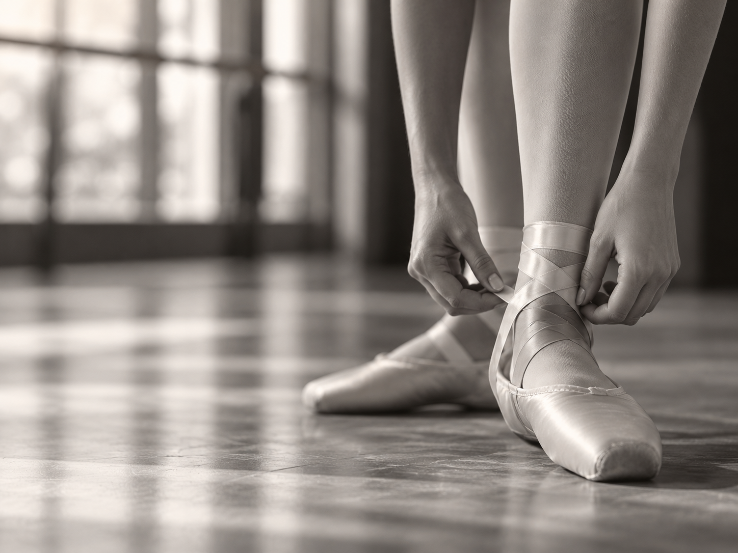 A ballerina tying her ballet shoe laces, with natural light coming through large windows in the background.