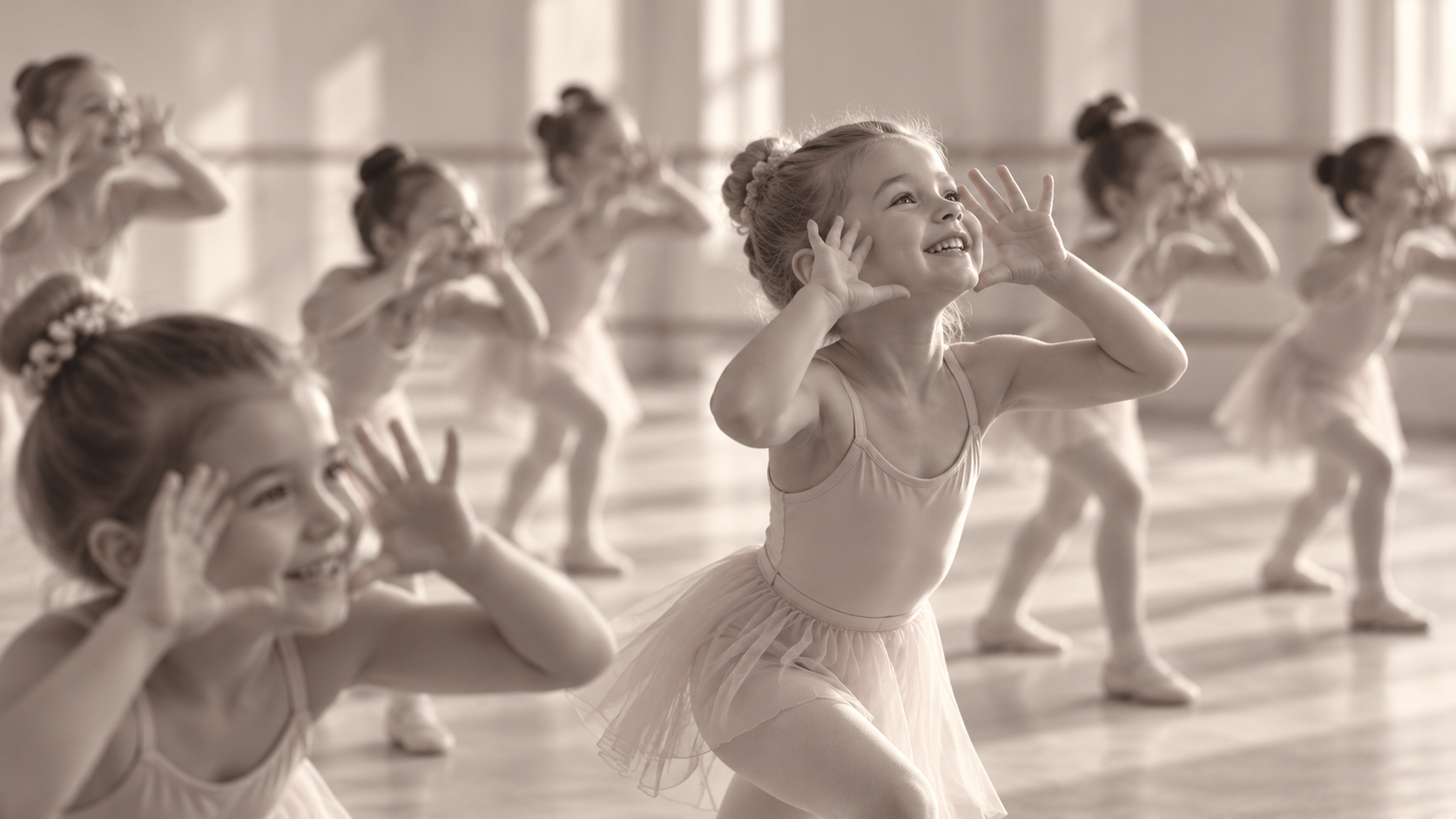 Young girls in ballet tutus practicing ballet in a dance studio, smiling and engaging in dance exercises.