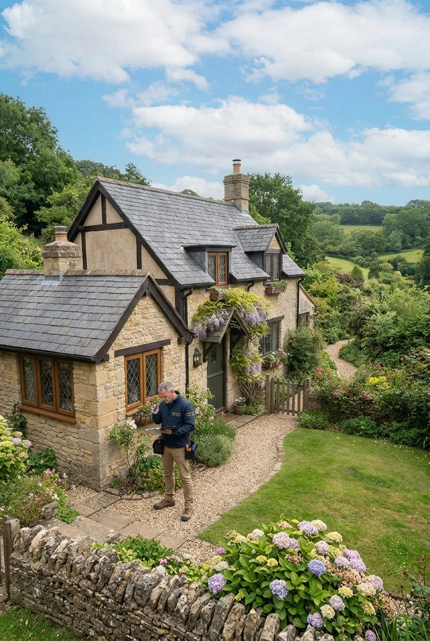 A stone cottage with a slate roof, surrounded by a lush garden with colorful flowers, and a man in a blue jacket standing near the entrance, looking at a tablet.