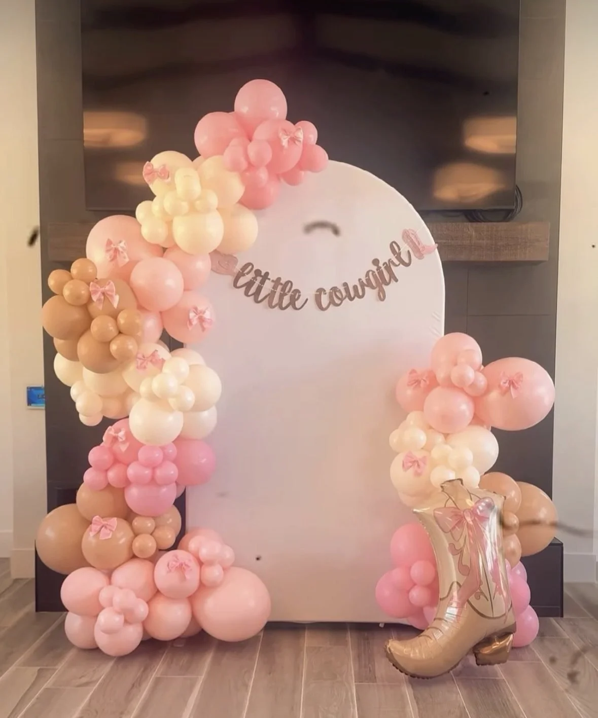 Pink and cream balloon arch backdrop by Creative Road Co