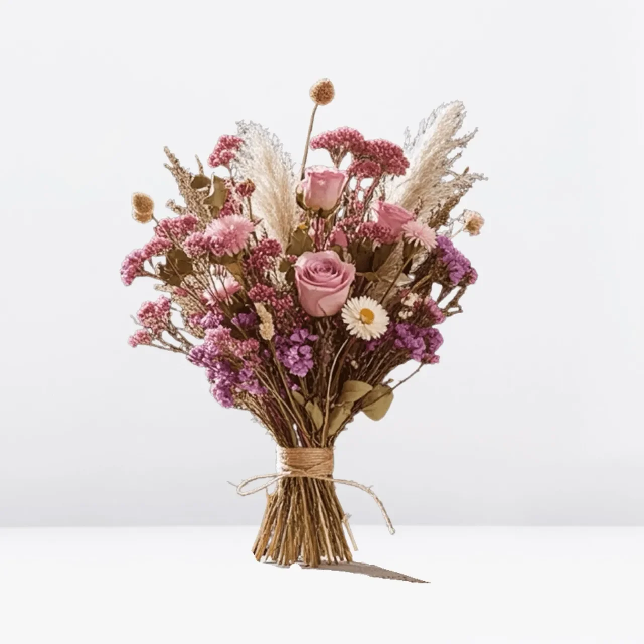 Hand-tied bouquet of dried & preserved florals, pink roses, daisies, and pampas grass on a white background by Eternal Stems