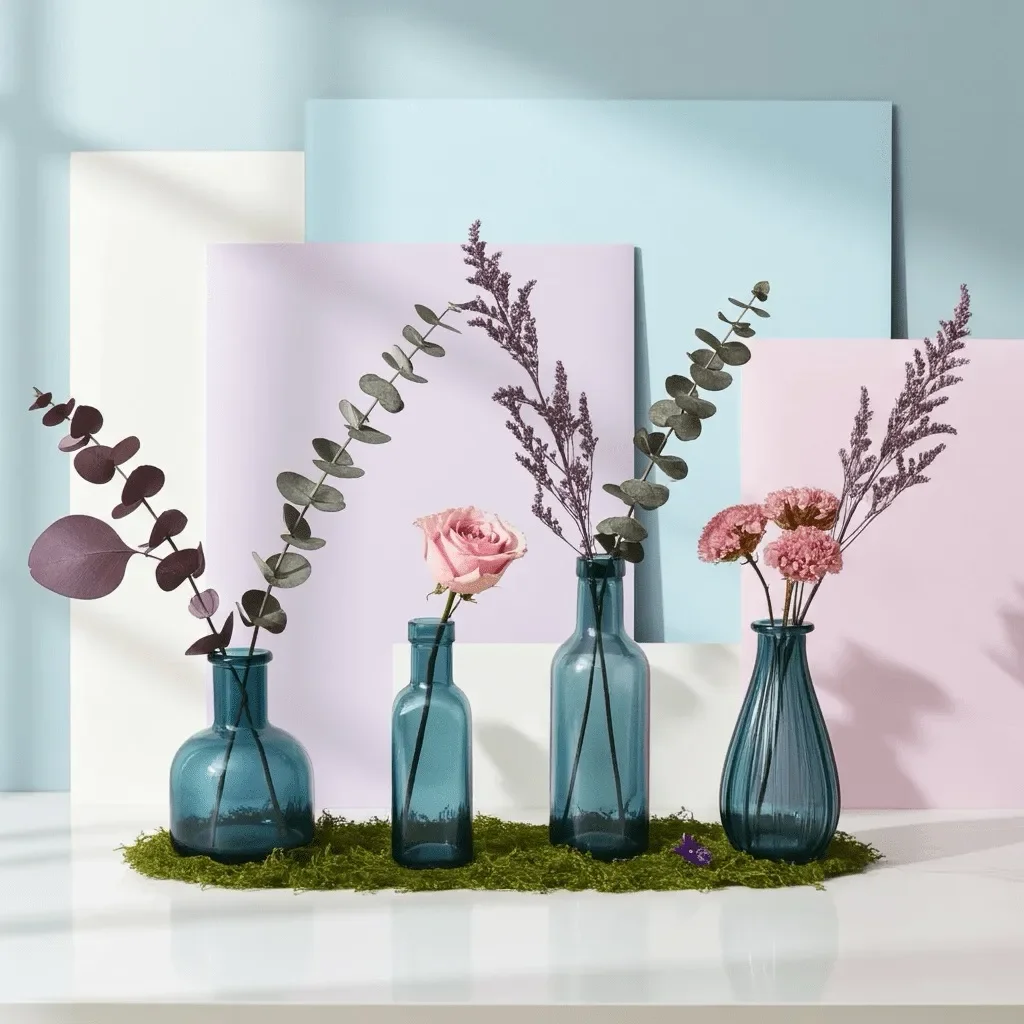 Four blue glass vases holding dried/preserved eucalyptus, pink roses, dried branches, and pink flowers on moss against pastel geometric backgrounds.