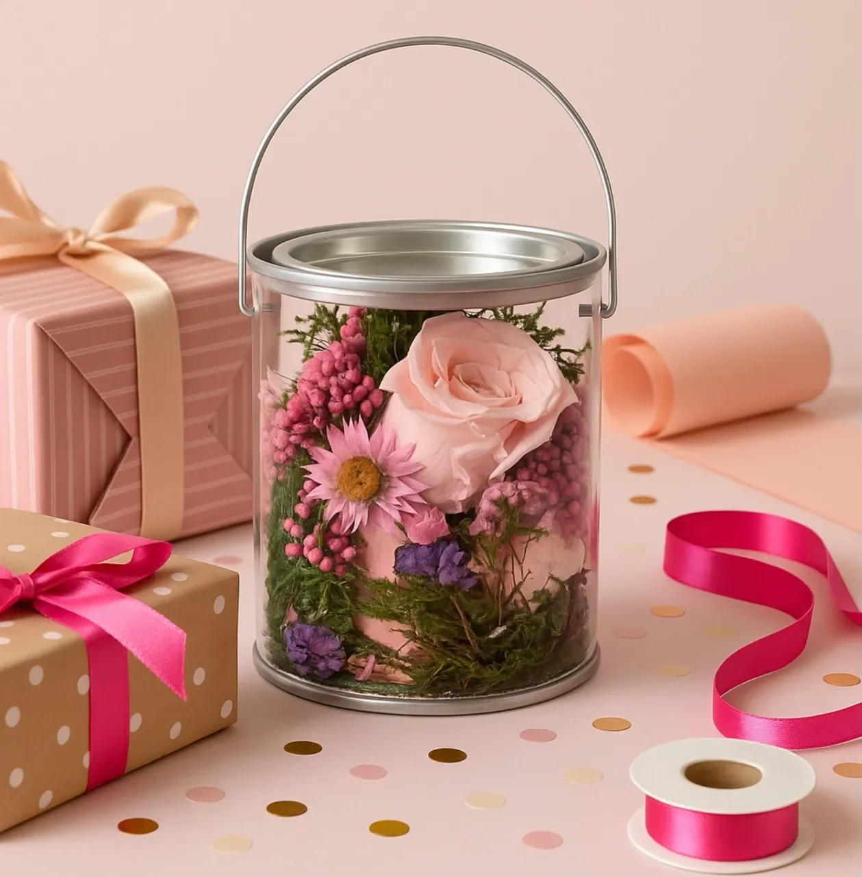 Pink floral arrangement in a clear see-through tin surrounded by wrapped gifts, ribbon, and confetti. Tins by Eternal Stems
