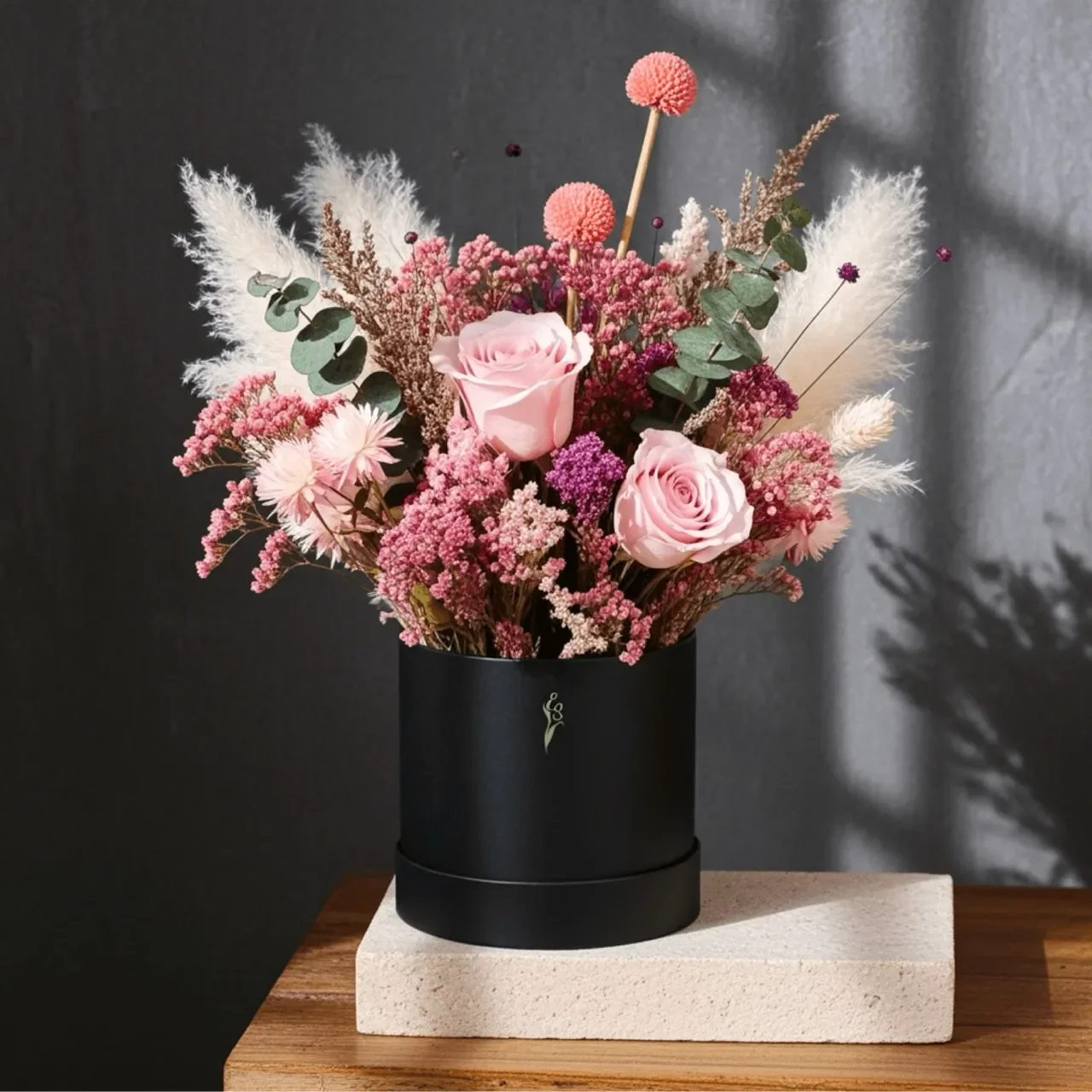 Dried Flower Pink & White Medium Bouquet in Gift Box | 30cm Blushberry Dream Arrangement