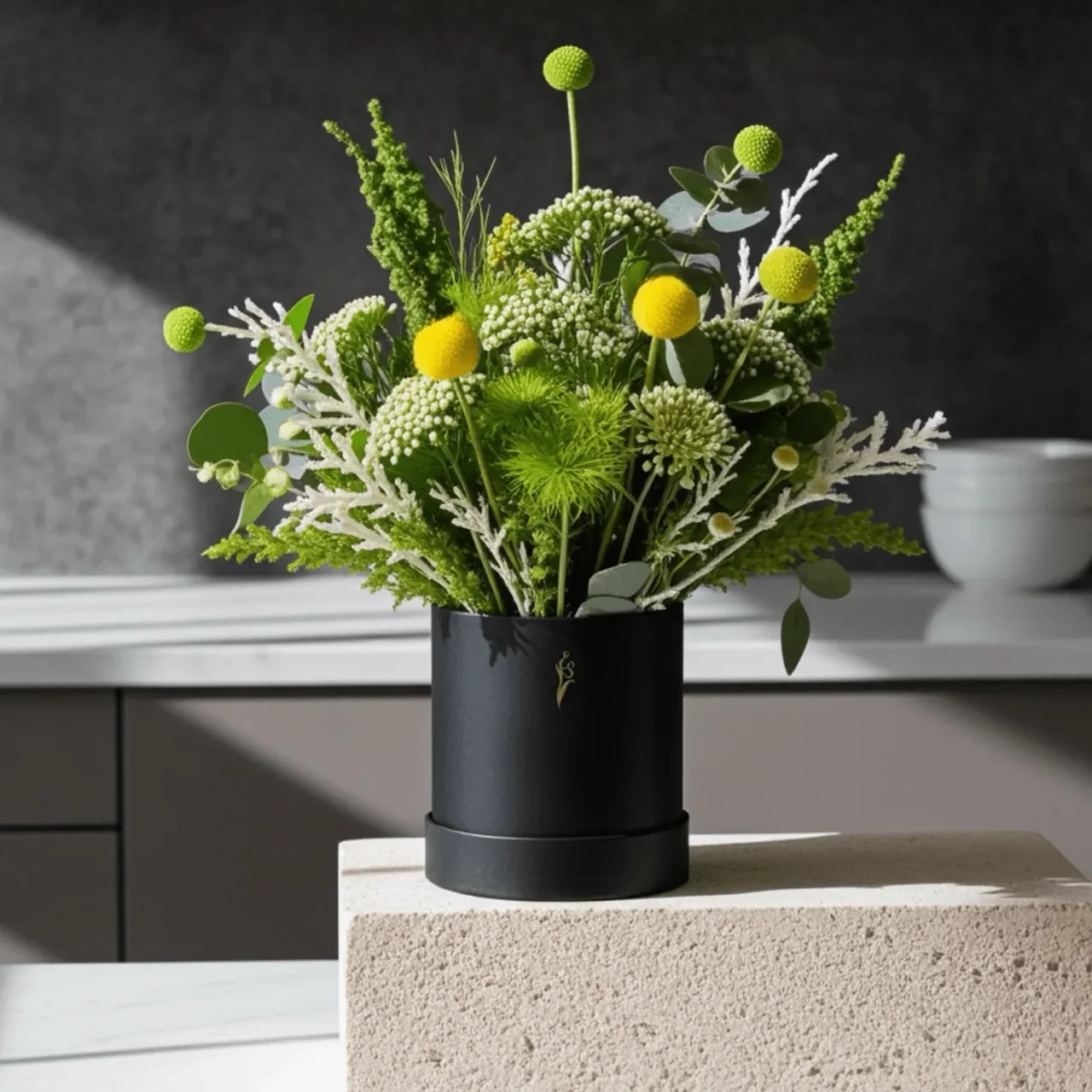 Medium Dried Flower Bouquet in Gift Box | Green & Yellow Luxe Tabletop | 30cm Chartreuse Meadow arrangement.
