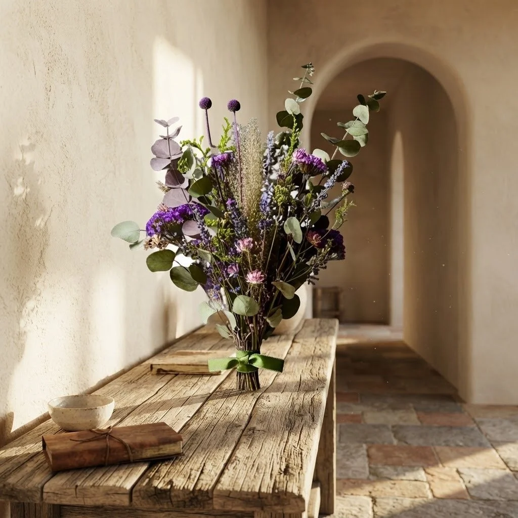 First impressions start at the front door. 

🏛️ There is nothing quite like walking into a home greeted by a grand, contemporary floral arrangement. This structural lavender and eucalyptus bouquet creates an immediate sense of refined luxury against