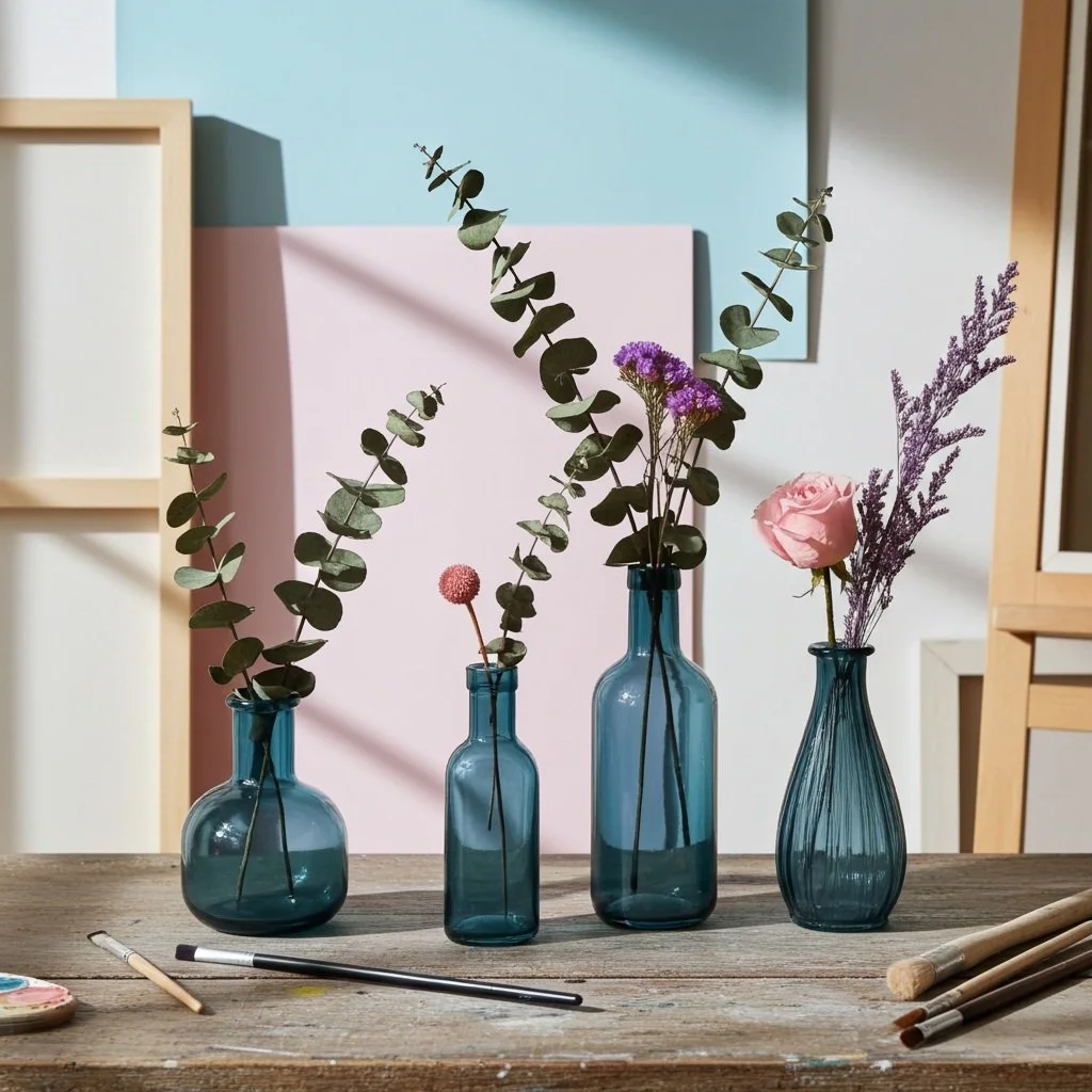 Florals as functional art. 

🎨 We love seeing how our contemporary stems inspire creativity. Styled here in sleek teal blue glass bottles alongside an artist&rsquo;s palette, these delicate stems add the perfect pop of organic texture to a creative 