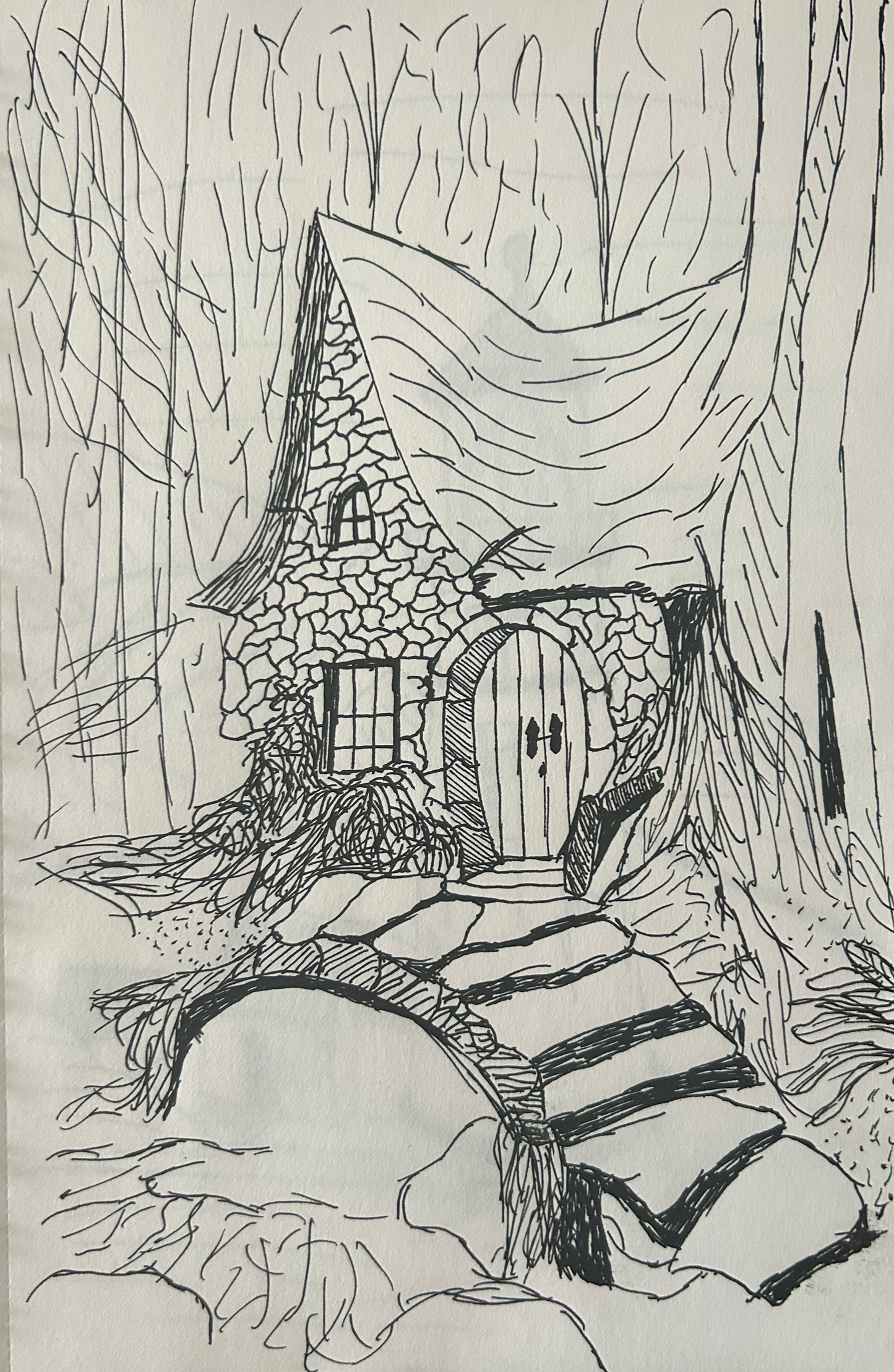 Line drawing of a small stone house with a steep roof and an arched doorway, situated in a wooded area with trees and rocks surrounding it.