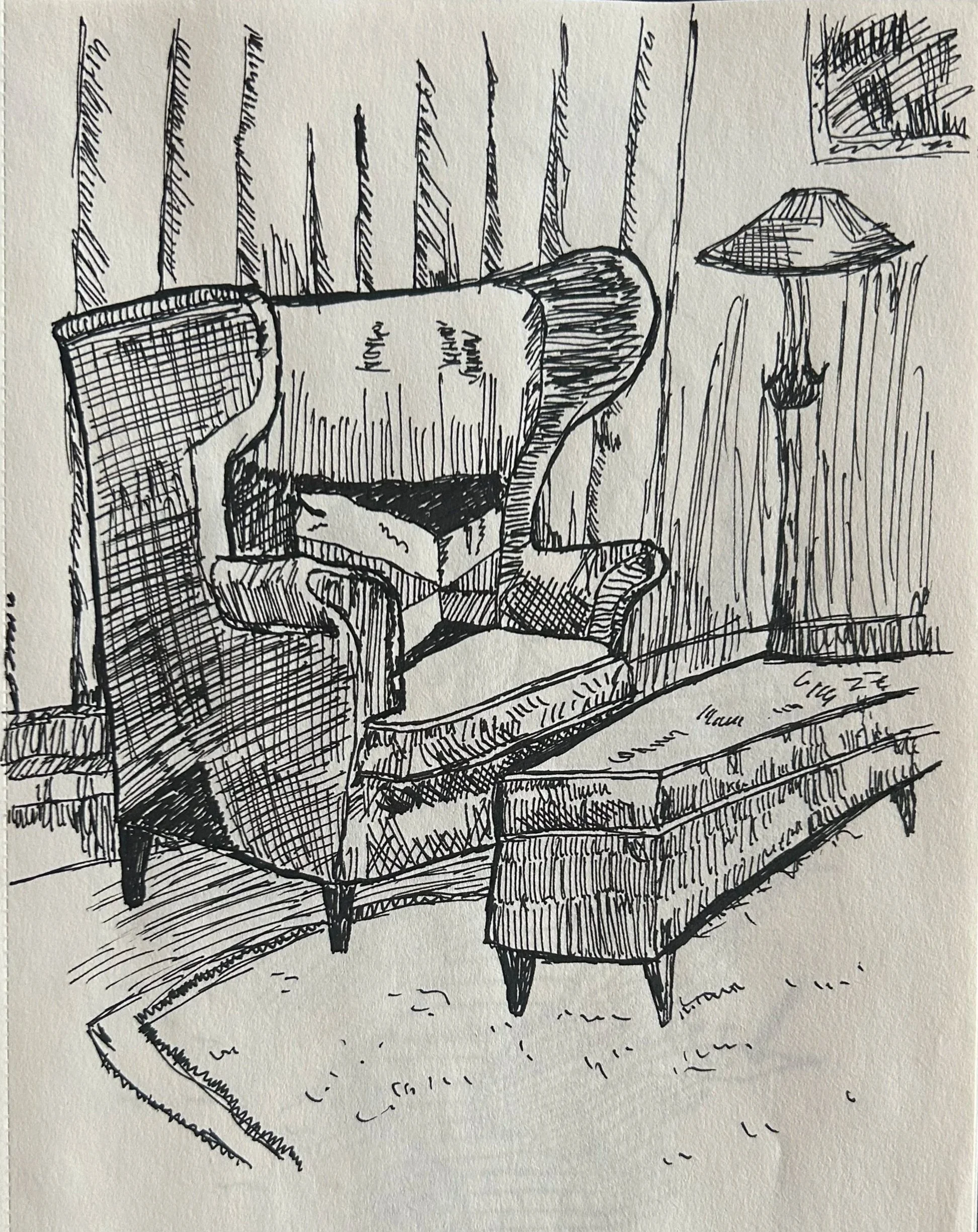 A black and white sketch of a living room scene featuring a sofa, a coffee table, a sideboard, a lamp, and a small piece of wall art. The sofa has a patterned seat and backrest, with a small item or book on it. The coffee table has a prominent surfac