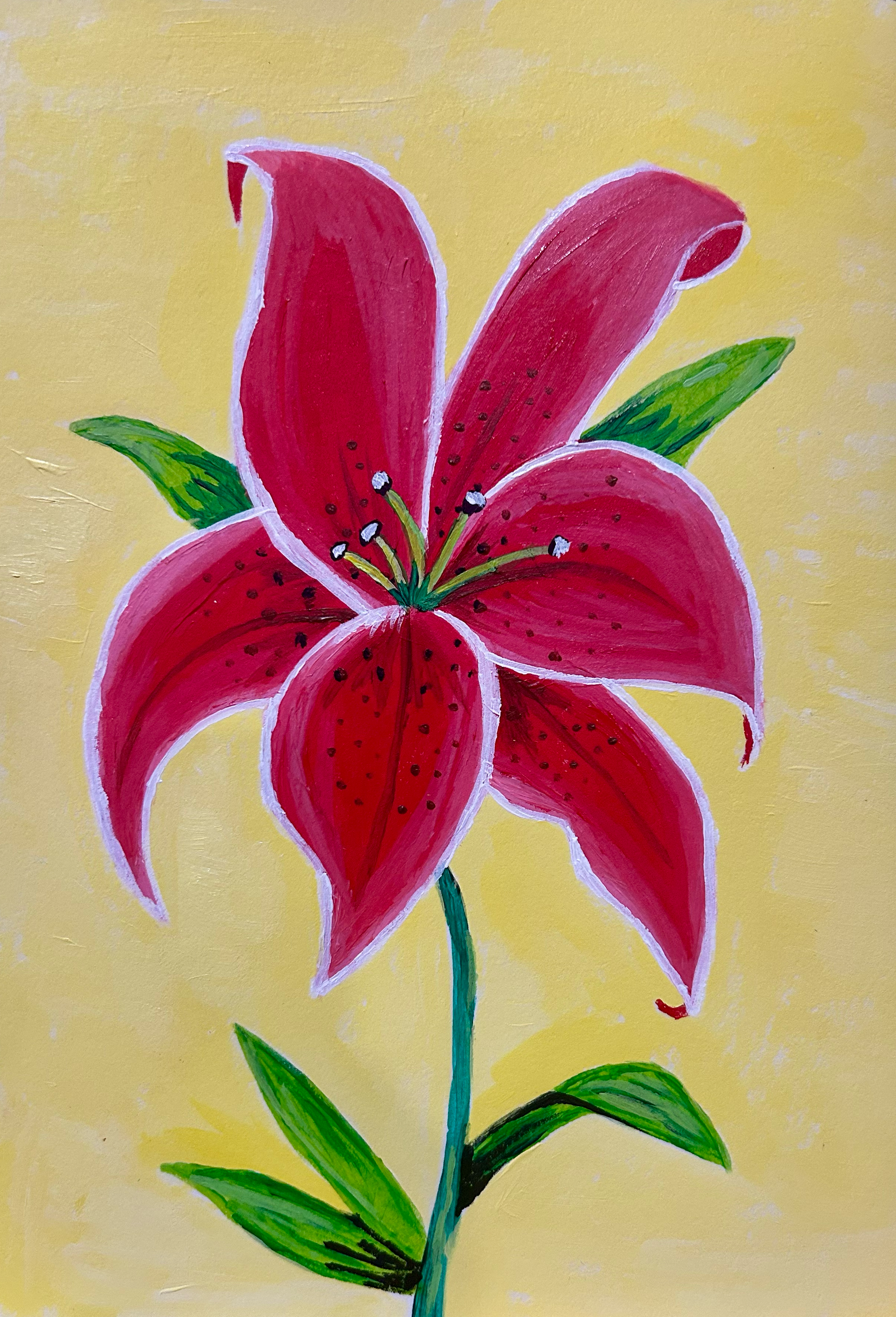 A colorful painting of a pink lily flower with green leaves on a yellow background.