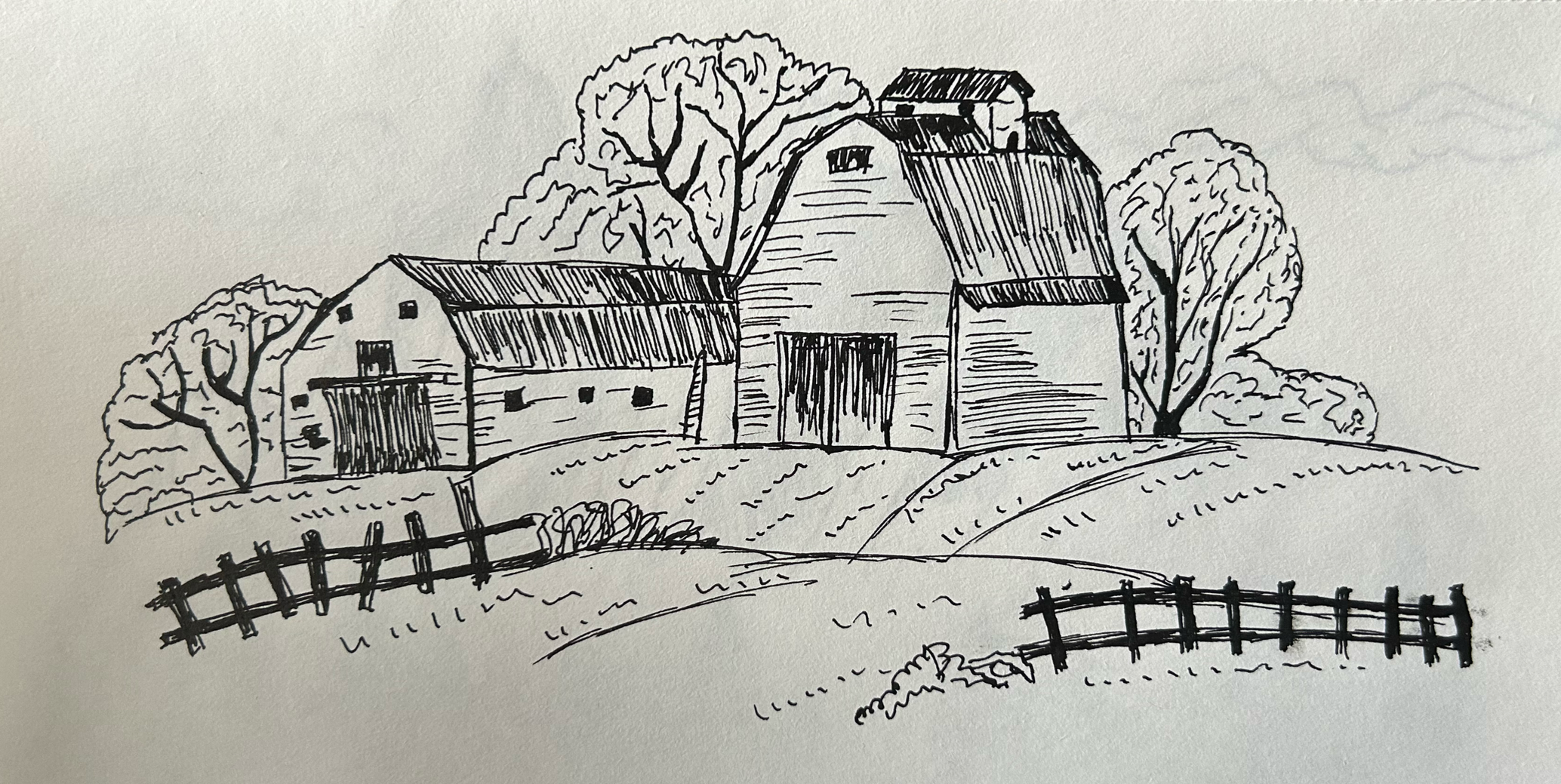 Black and white sketch of farm buildings with trees and a fence on rolling hills.