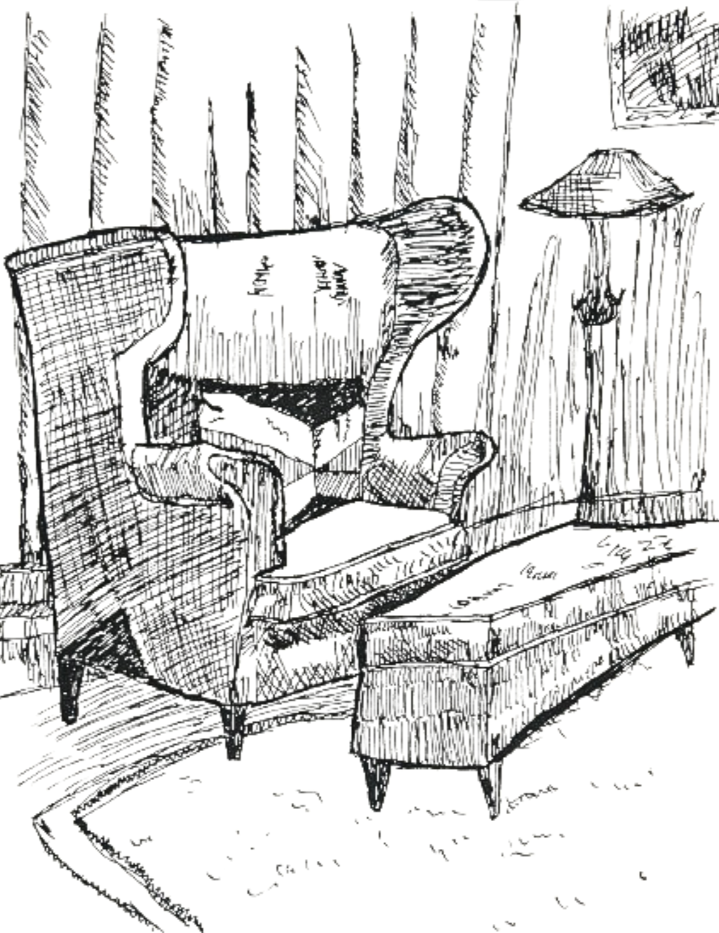 Black and white sketch of a living room with an armchair, a sofa, a rug, a side table with a lamp, a framed picture on the wall, and wood-paneled walls.