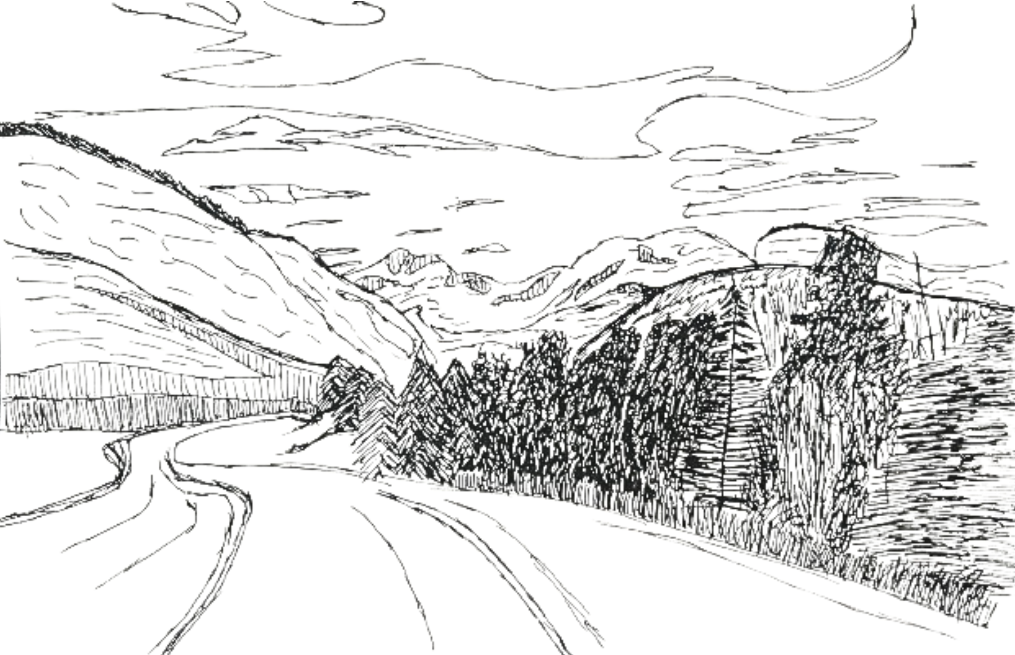 A black-and-white sketch of a mountainous landscape with a winding road in the foreground, trees, hills, and clouds in the sky.
