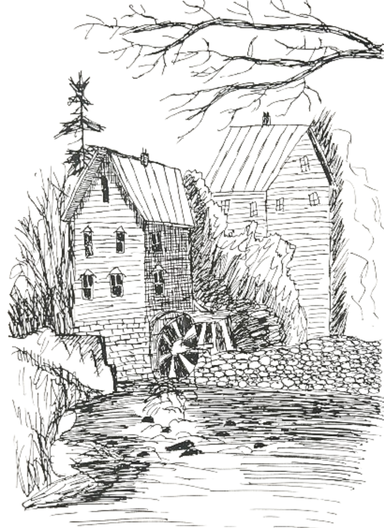Black and white sketch of a rustic watermill with a water wheel next to a flowing stream, surrounded by trees and a peaceful countryside setting.
