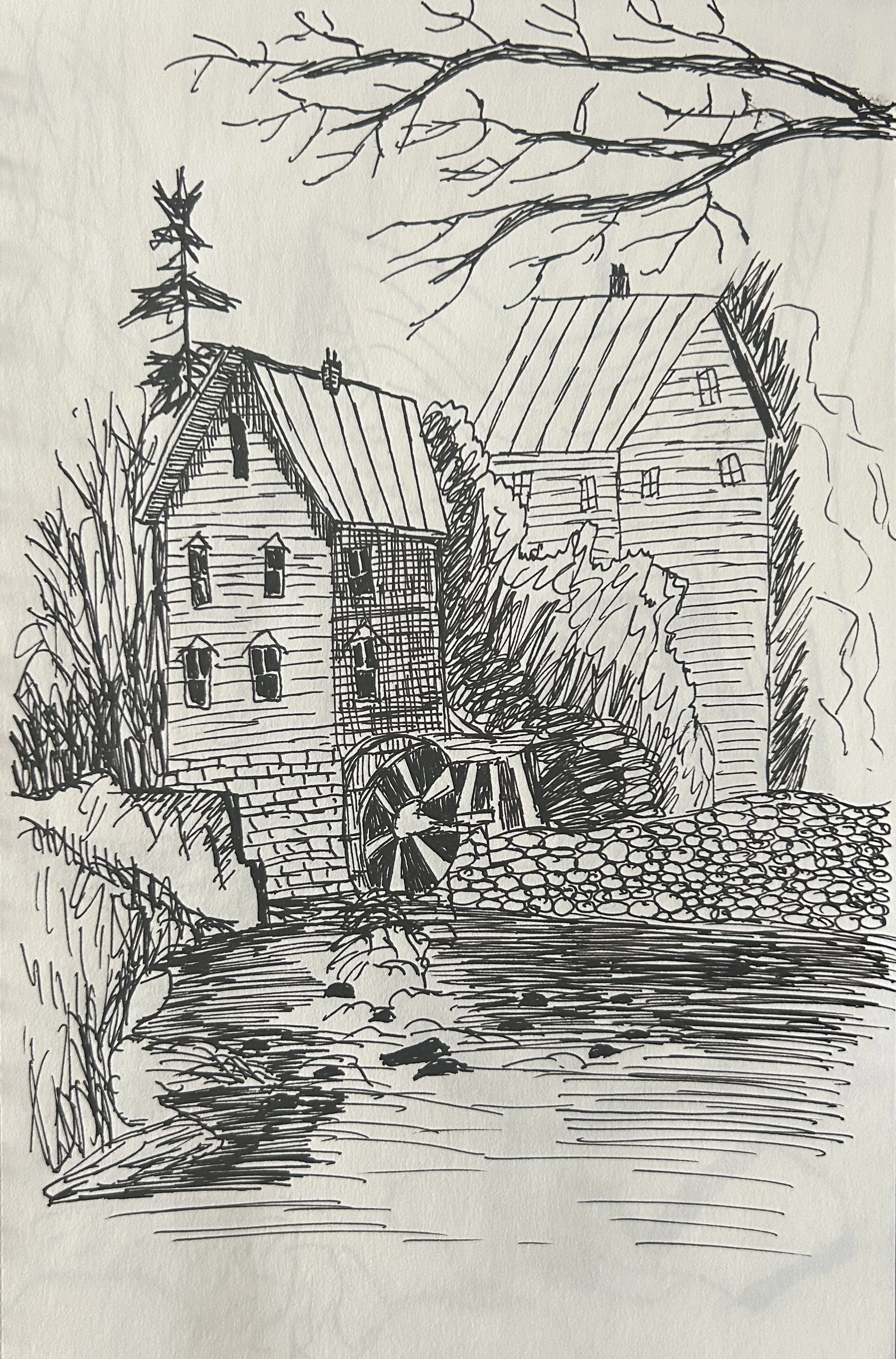 A black and white sketch of a rural scene featuring two houses, one with a pitched roof and the other with a chimney, situated near a flowing stream. There is a watermill with a large wheel beside the stream, surrounded by trees and bushes, with a la