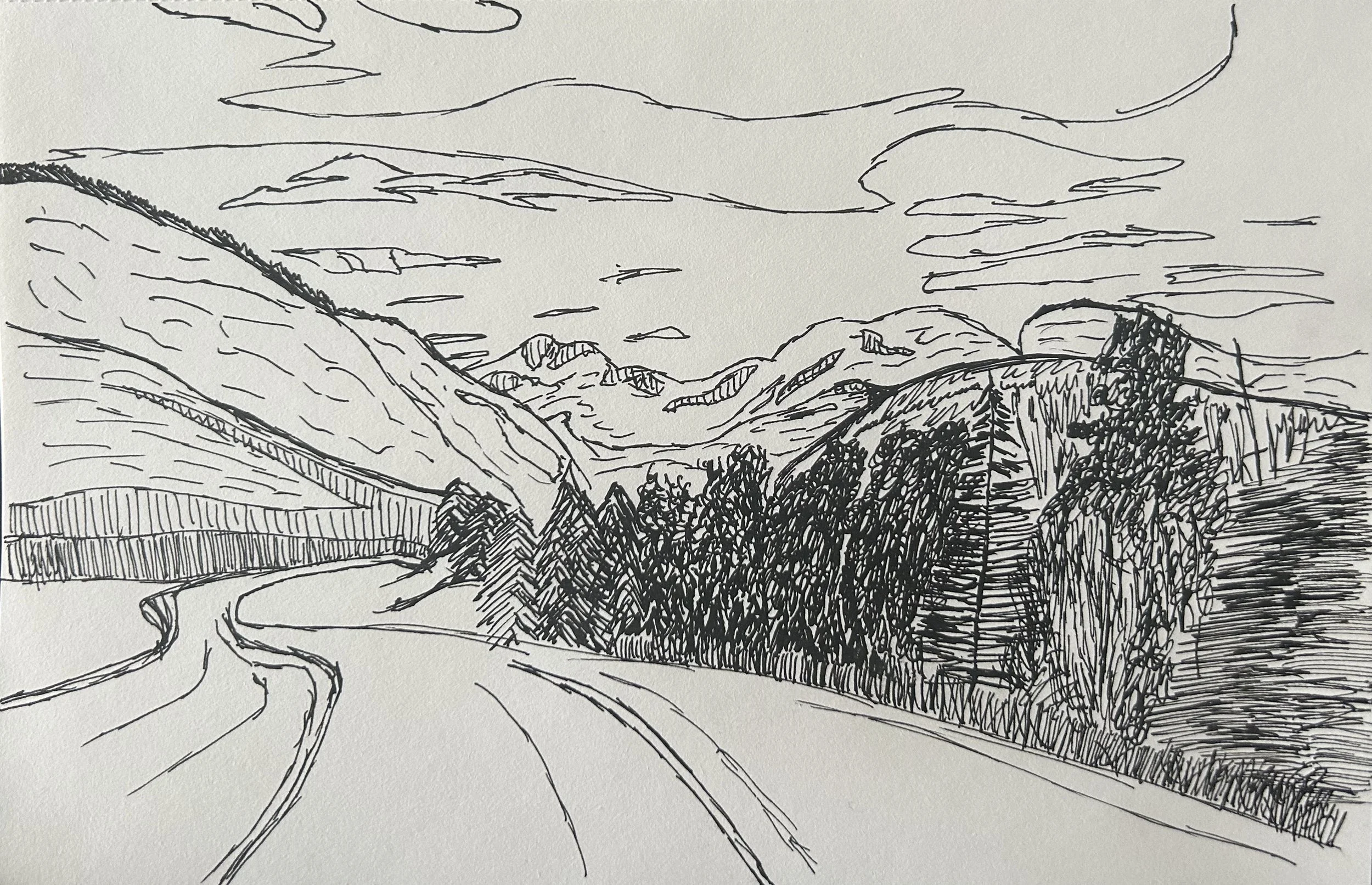 Black ink sketch of a mountainous landscape with winding roads, trees, and clouds in the sky.