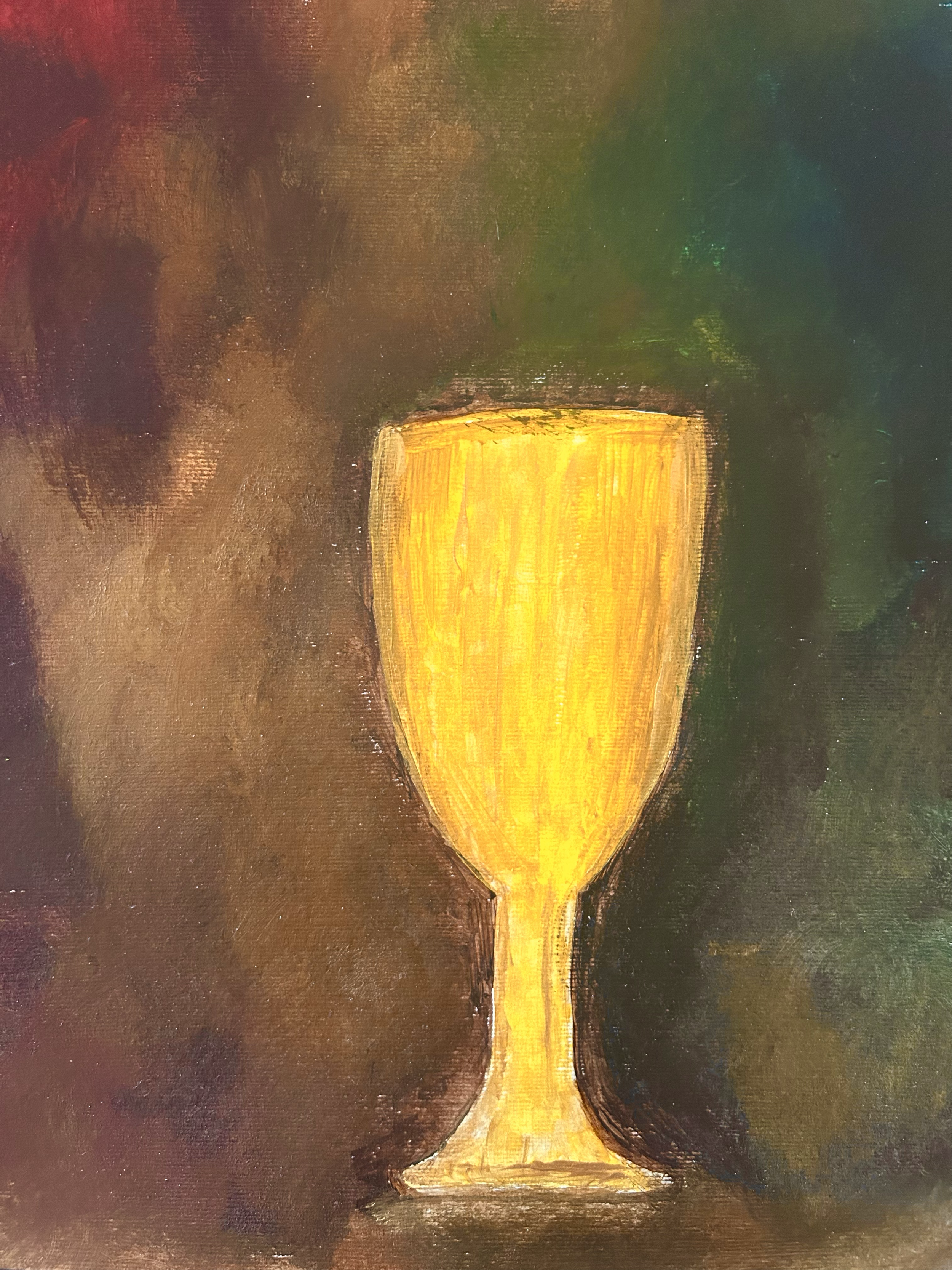 A painting of a glowing golden-yellow chalice on a dark background.