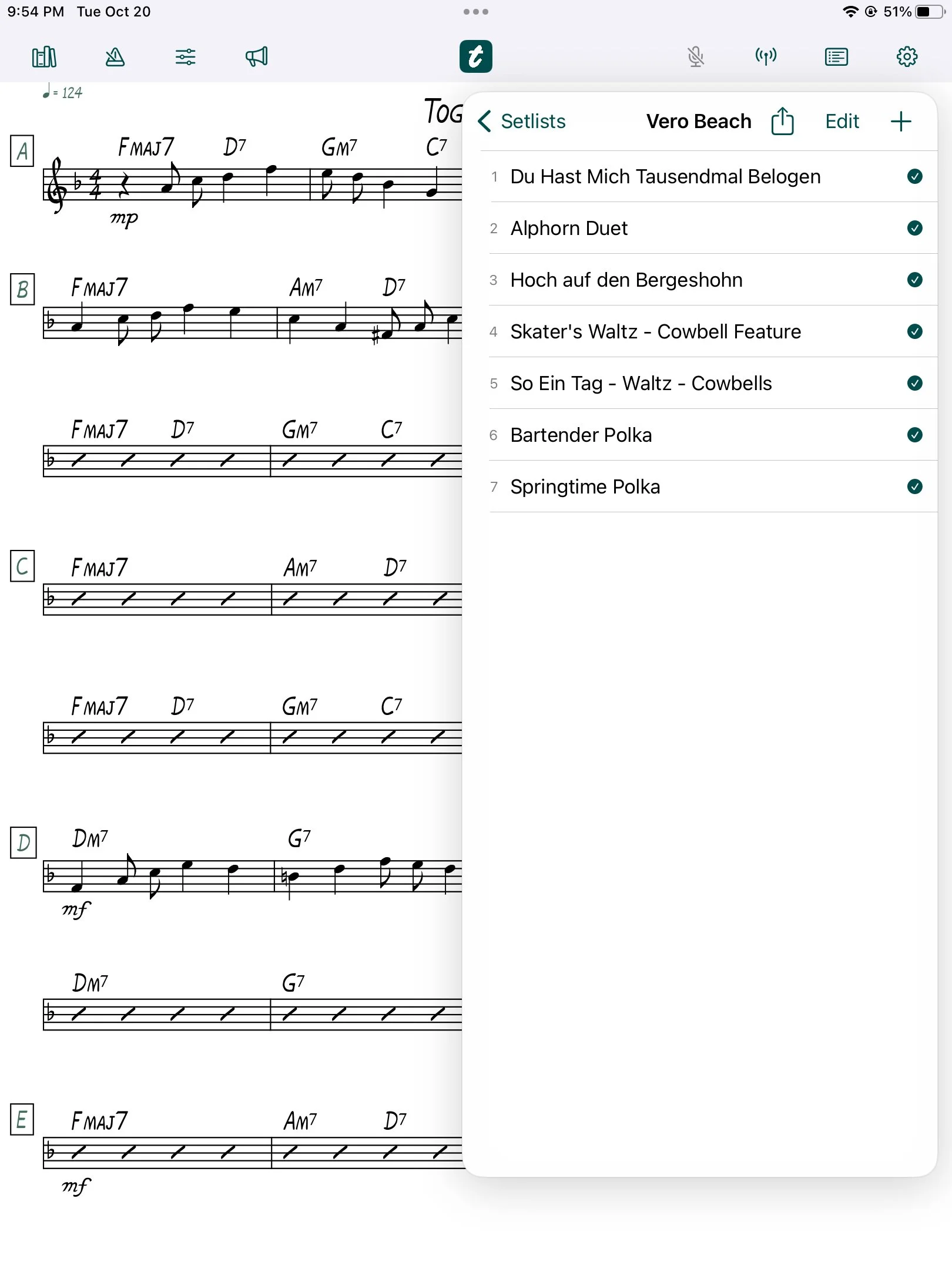 tutti setlist panel showing an ordered seven-song set with availability checkmarks