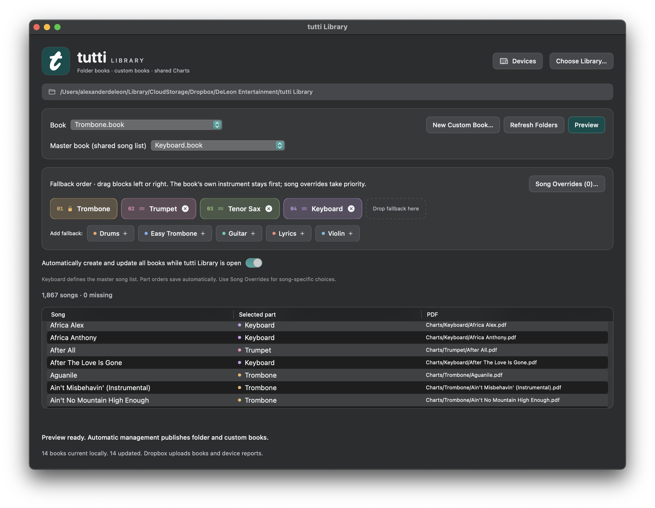 tutti Library on Mac showing Trombone book fallback order and selected instrument parts