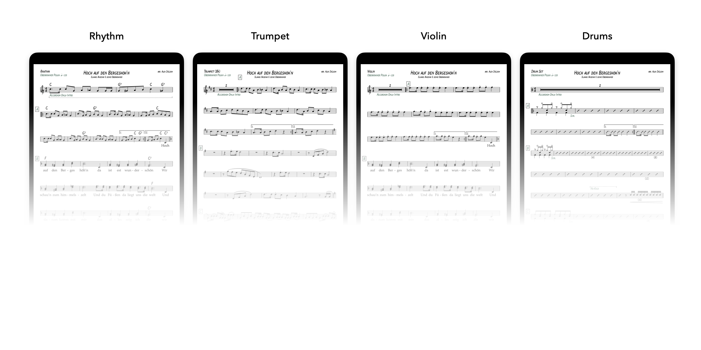Four tablet frames showing Rhythm, Trumpet, Violin, and Drums parts for the same song.