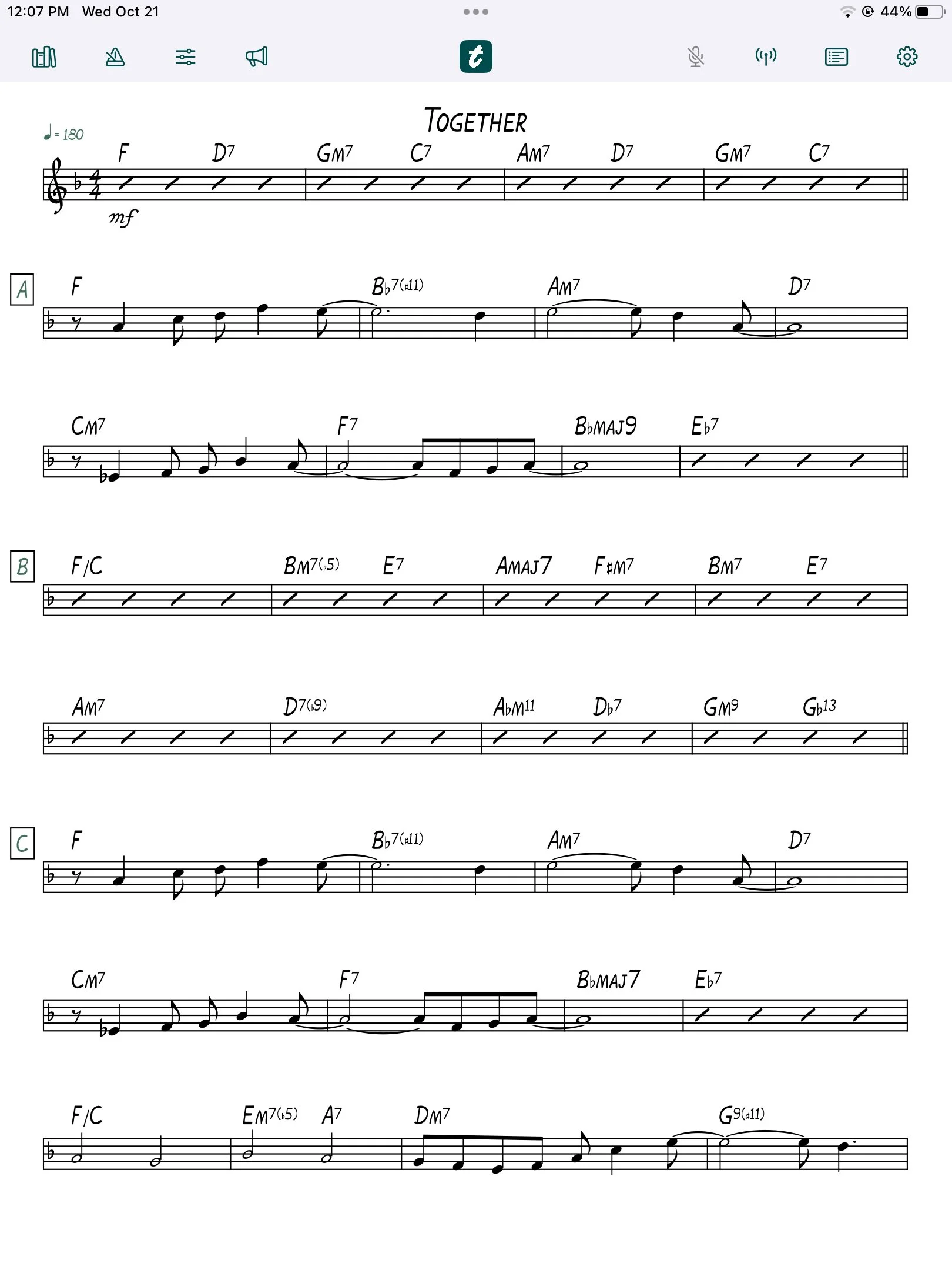 tutti on iPad displaying the original Together chart with chord symbols and rehearsal marks