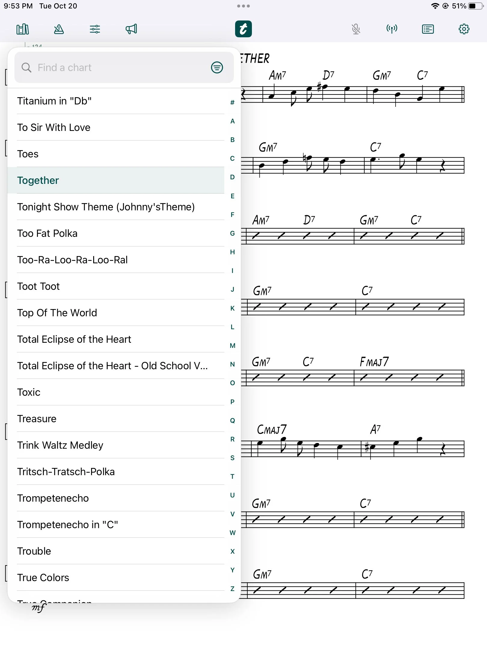tutti library browser showing alphabetical song navigation with Together selected