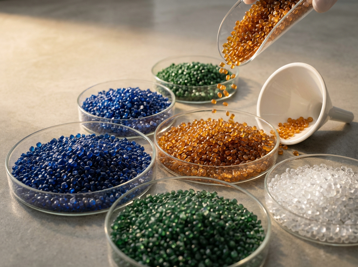 Various colored glass beads in small bowls with a hand pouring orange beads into a bowl.