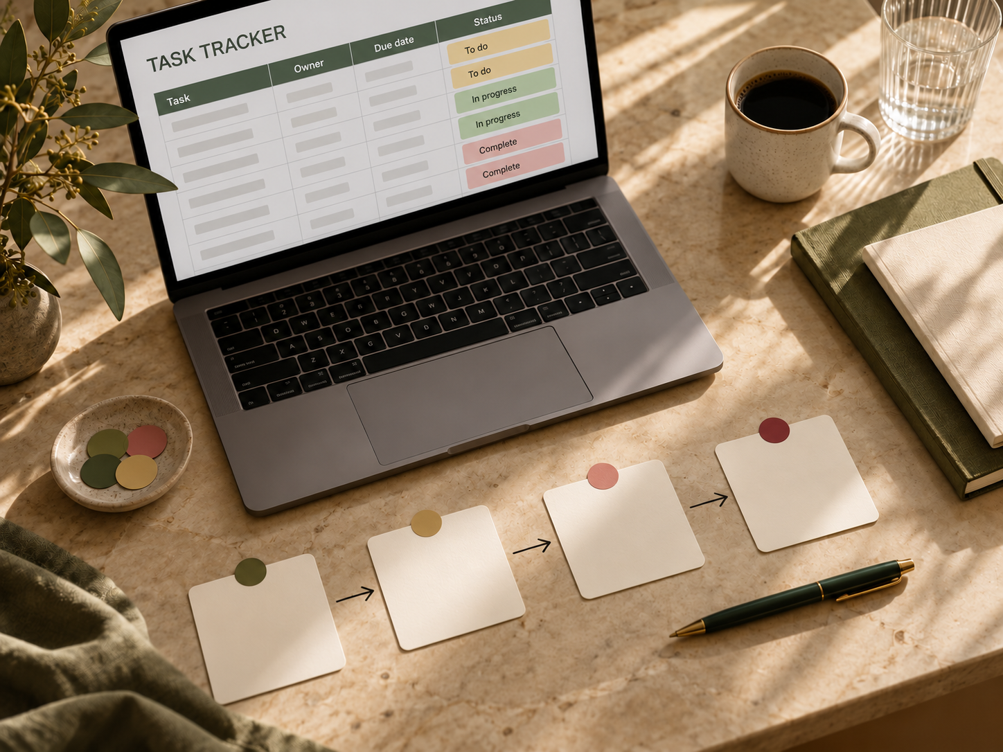 A workspace with a laptop displaying a task tracker, a pen, notebooks, a cup of coffee, a glass of water, a small dish with colored circles, and paper notes connected by arrows, all on a beige marble desk.