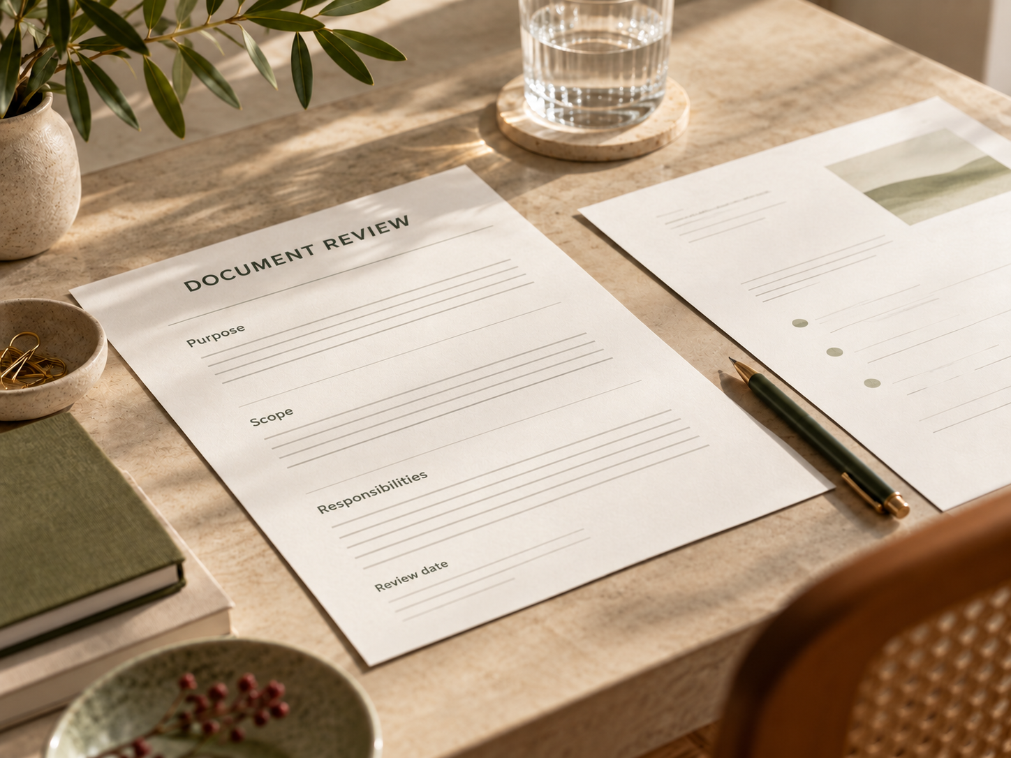 A desk with a document review form, a pen, some papers with images, a glass of water on a coaster, a potted plant, a small bowl with paper clips, and stacked notebooks.