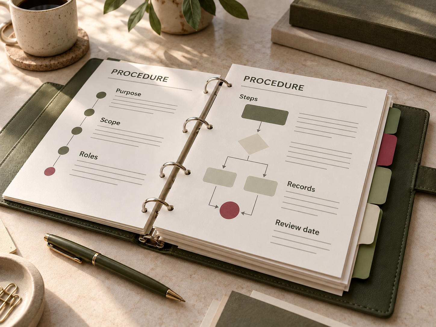 Open binder with a procedural template, a pen, coffee cup, potted plant, and books on a light-colored desk.