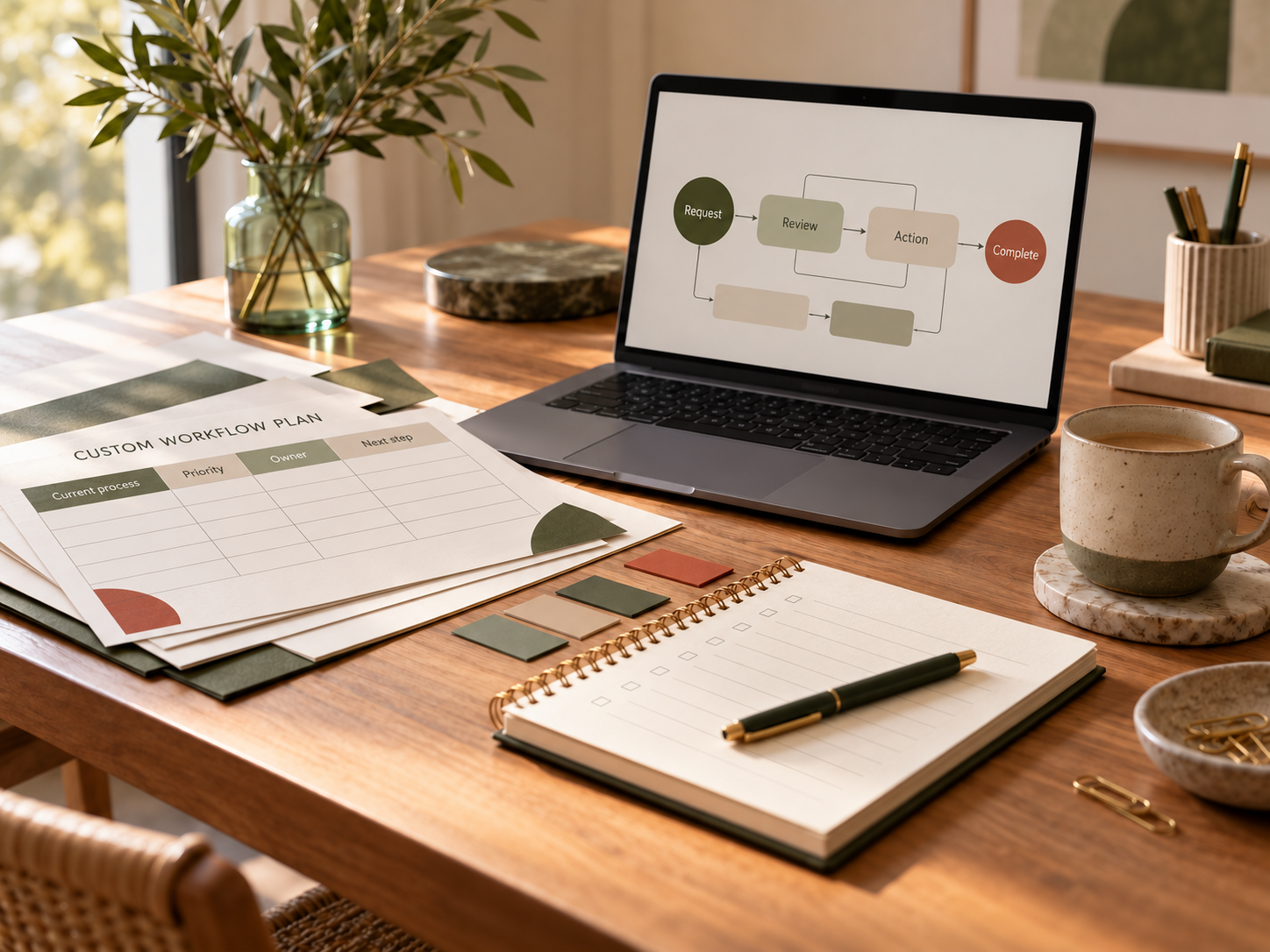 A workspace with a laptop displaying a flowchart, a custom workflow plan sheet, color swatches, a notepad with checkboxes and a pen, a cup of coffee on a coaster, a plant in a glass jar, and various office supplies on a wooden desk in a well-lit room.