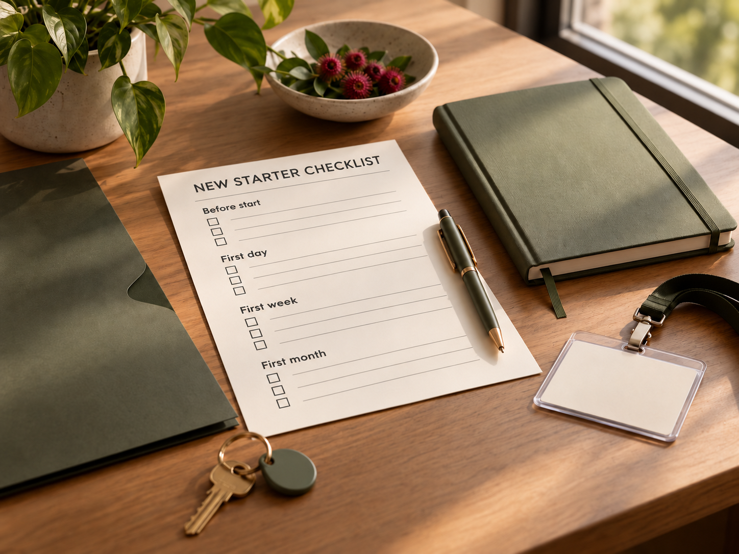 A desk with a green notebook, a plan checklist titled 'New Starter Checklist' with sections for before start, first day, first week, and first month, a black and gold pen, a keychain with keys and a small green tag, a blurred ID badge, a closed folder, a plant in a white pot, and a bowl of flowers near a window.