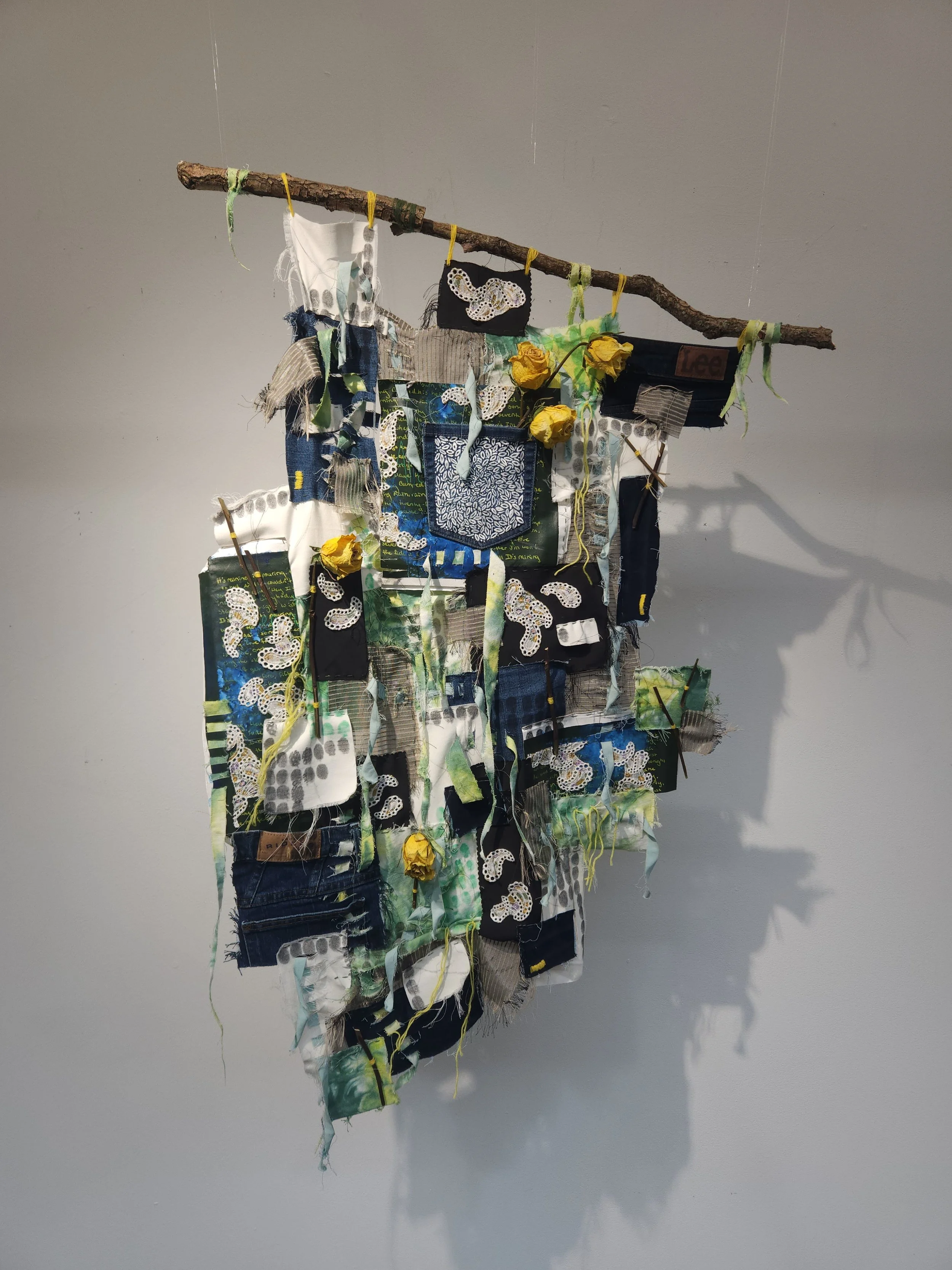 “Allee-Allee in Free”
May 2026
Canvas, Nostalgic Fabric, Graphite, Ink, Thread, Dried Roses, and Branches
24” x 40”