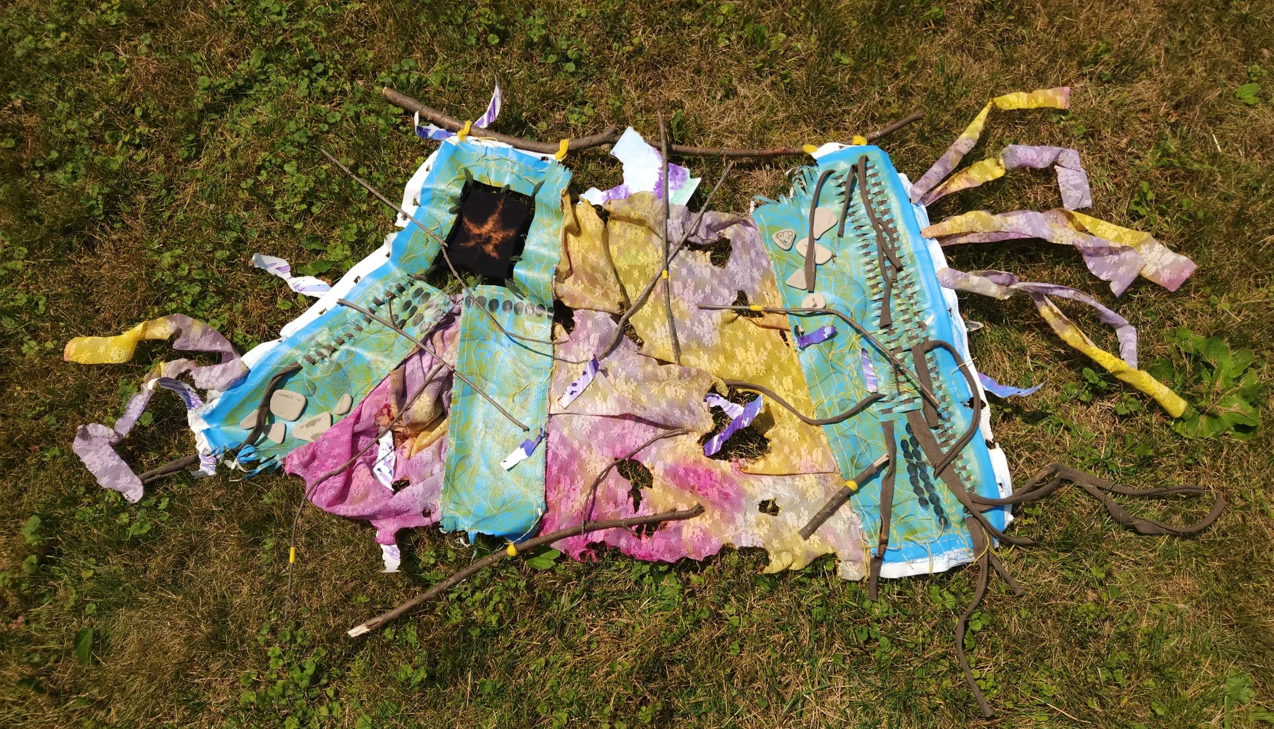 “The Rebuild”
July 2026
Canvas, Thread, Fiber, Tumbled Pottery, Torn Artwork, Sticks, Paint, and Ink
48” x 26”