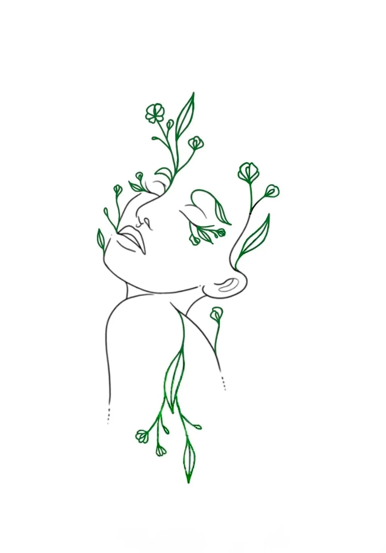 Minimalist line drawing of a person with sprouting flowers and leafy vines growing from their head and body
