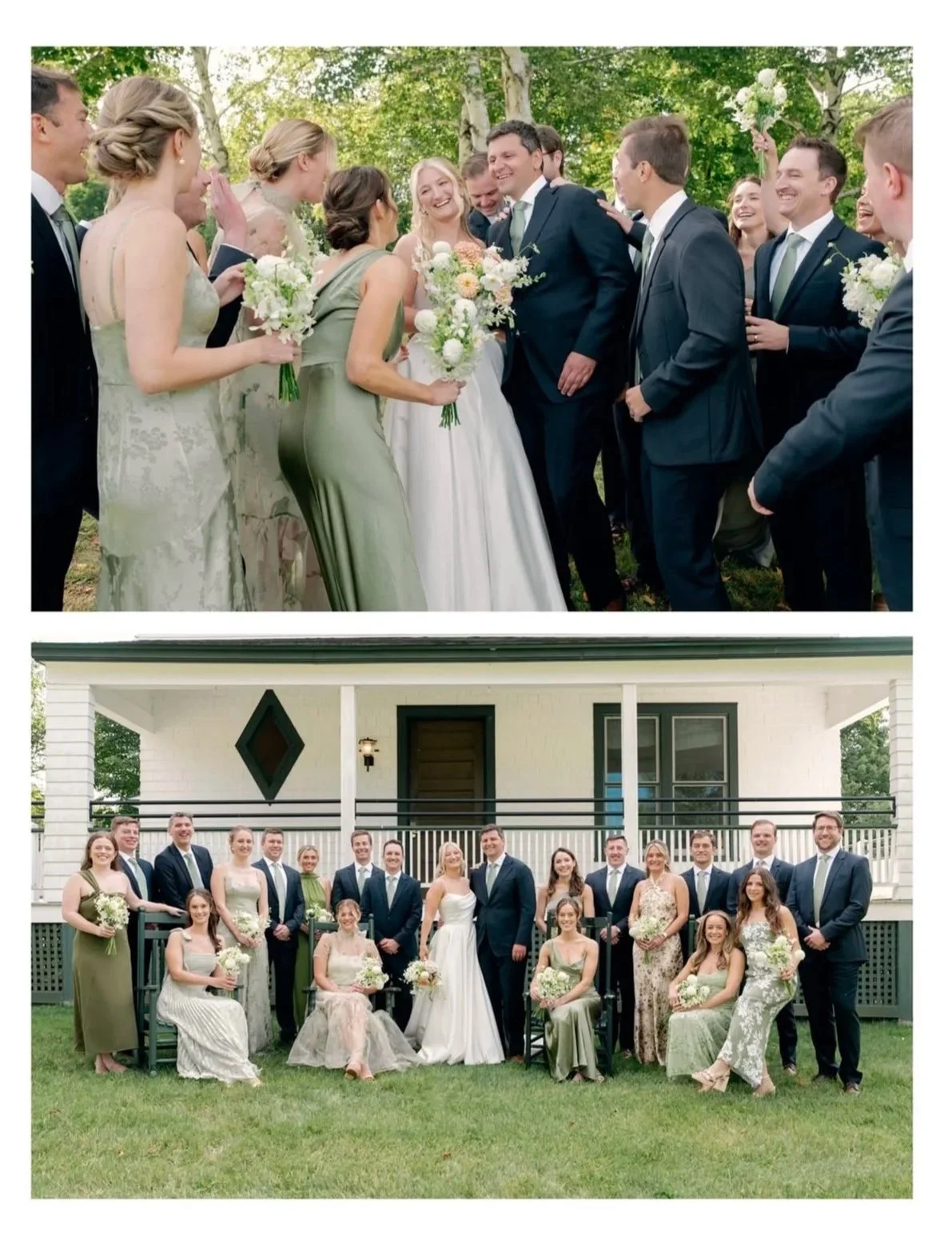 Wedding party celebrating outdoors and posing for a group portrait in front of a white house