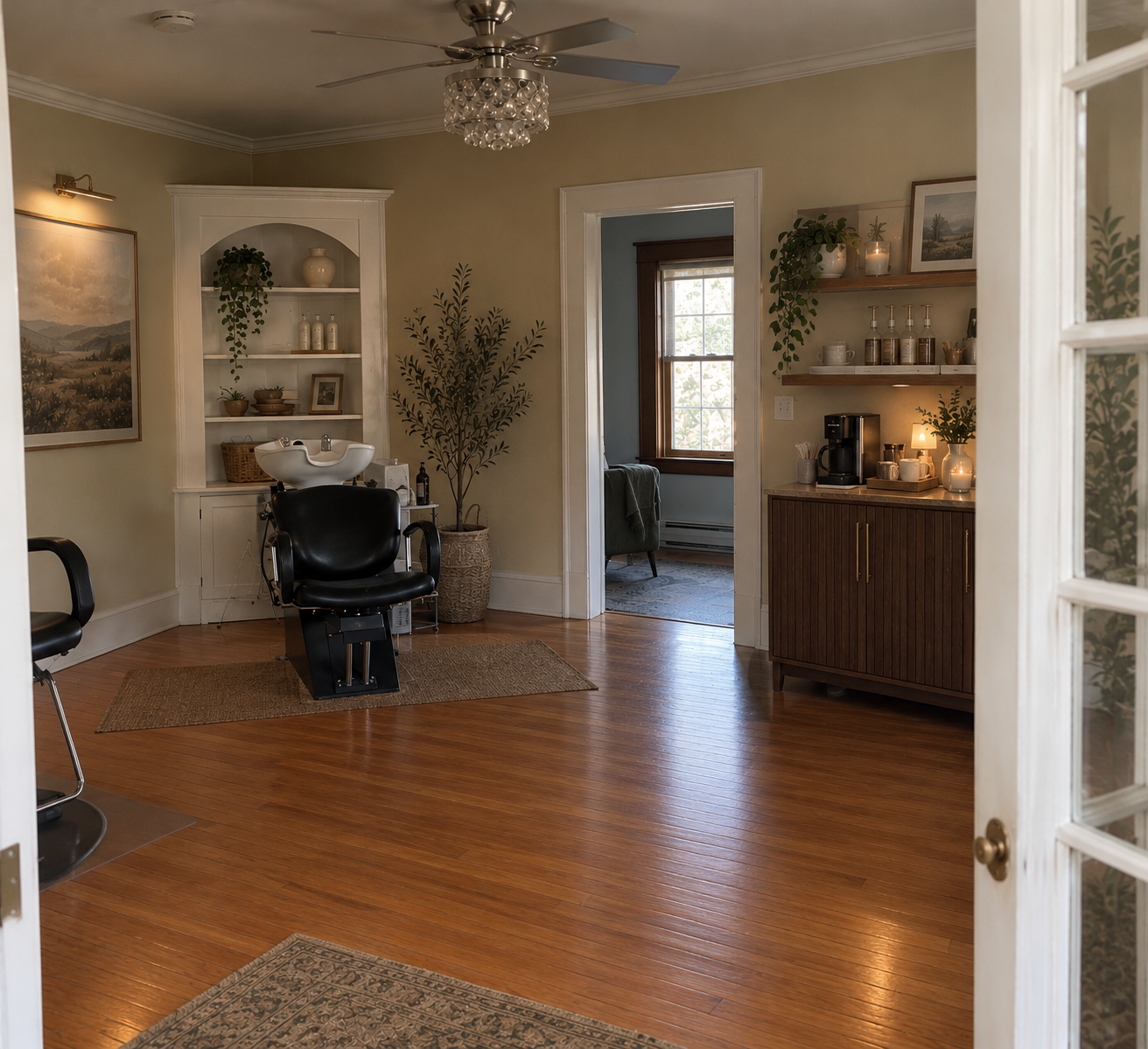 Warmly lit salon interior with a black shampoo chair, white wash basin, wood floors, decorative shelving, plants, and coffee bar.