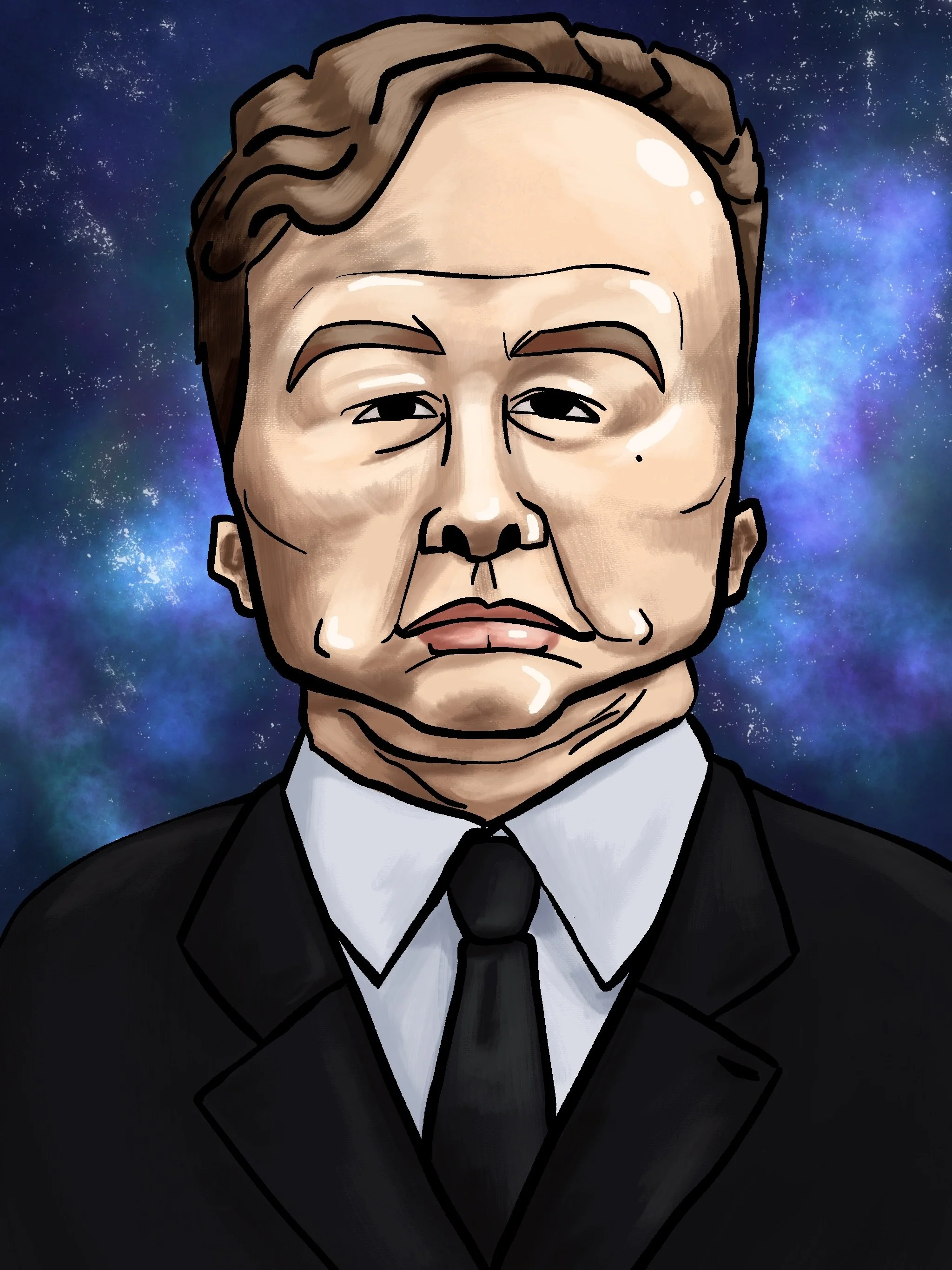 A satirical exaggerated depiction of Elon Musk