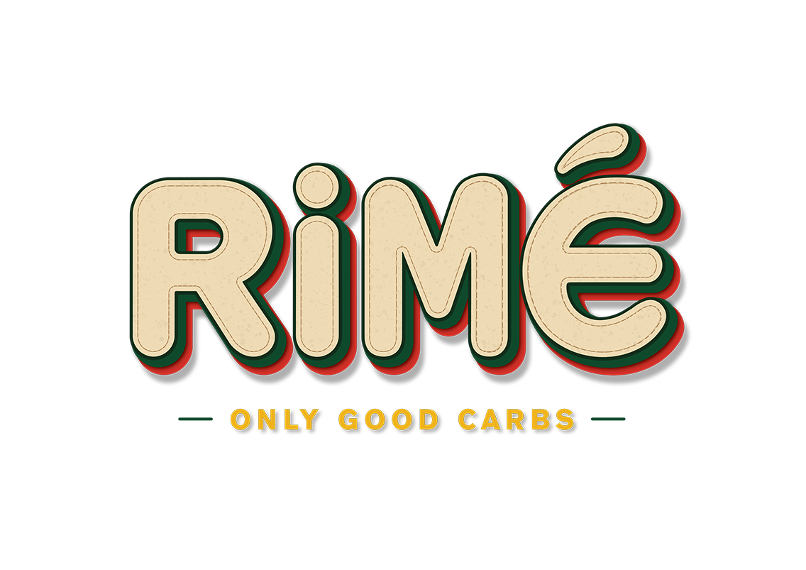 Logo con il testo 'RIME' in stile rétro con colori crema, verde e rosso, e la scritta 'ONLY GOOD CARBS' sotto in giallo su sfondo nero.