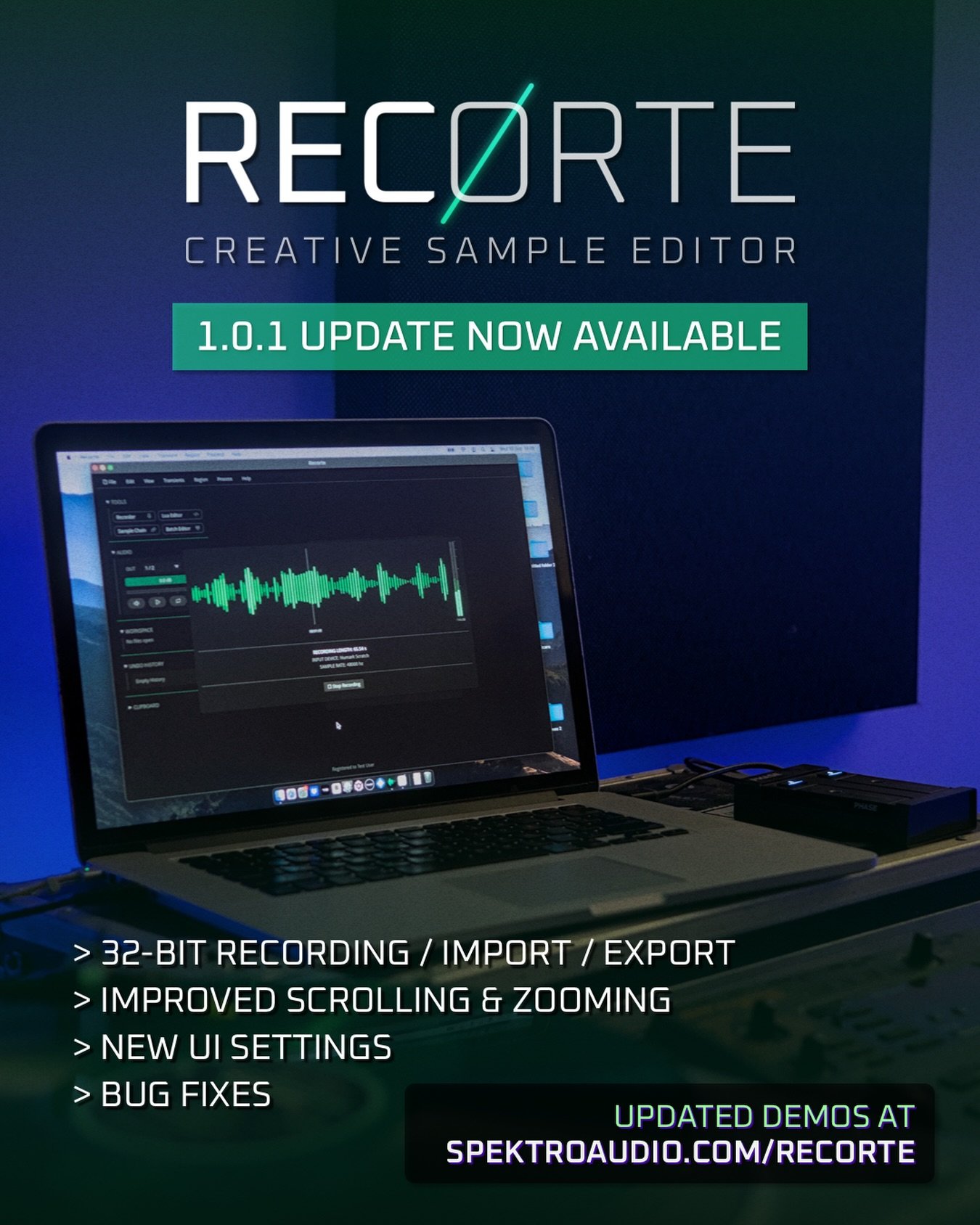 Recorte 1.0.1 is now available! 🎛️⁣⁣
⁣⁣
This first update for Recorte include support for 32-bit floating point recording, importing and exporting, improved waveform scrolling / zooming, new settings, and other improvements and bug-fixes.⁣⁣
The full