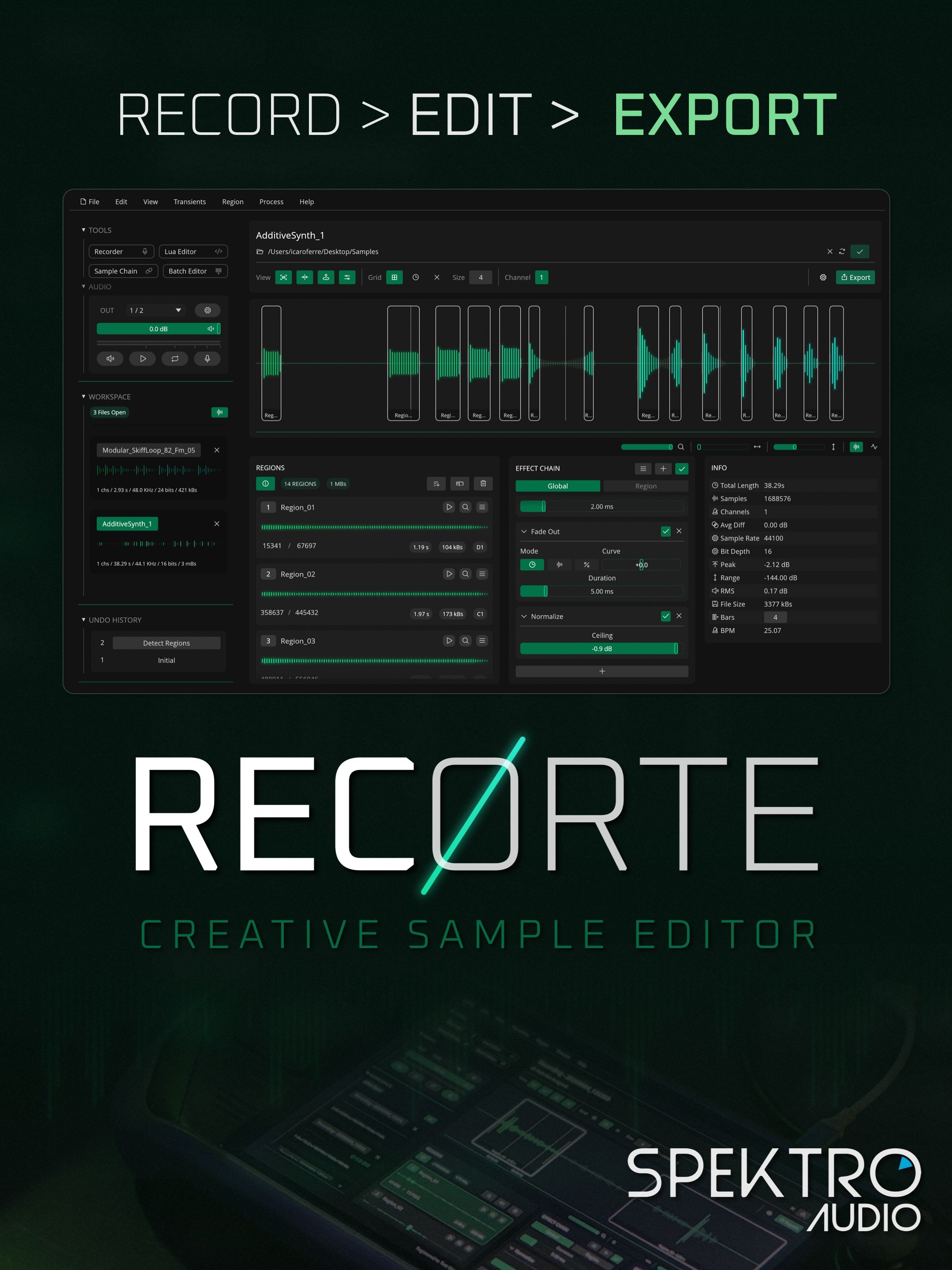 Recorte is our new creative sample editor available for macOS, Windows and Linux 💻 🎛️ 🔊⁣

It includes features specially designed for recording, editing, processing and exporting samples, such as: an advanced audio recorder with multiple recording